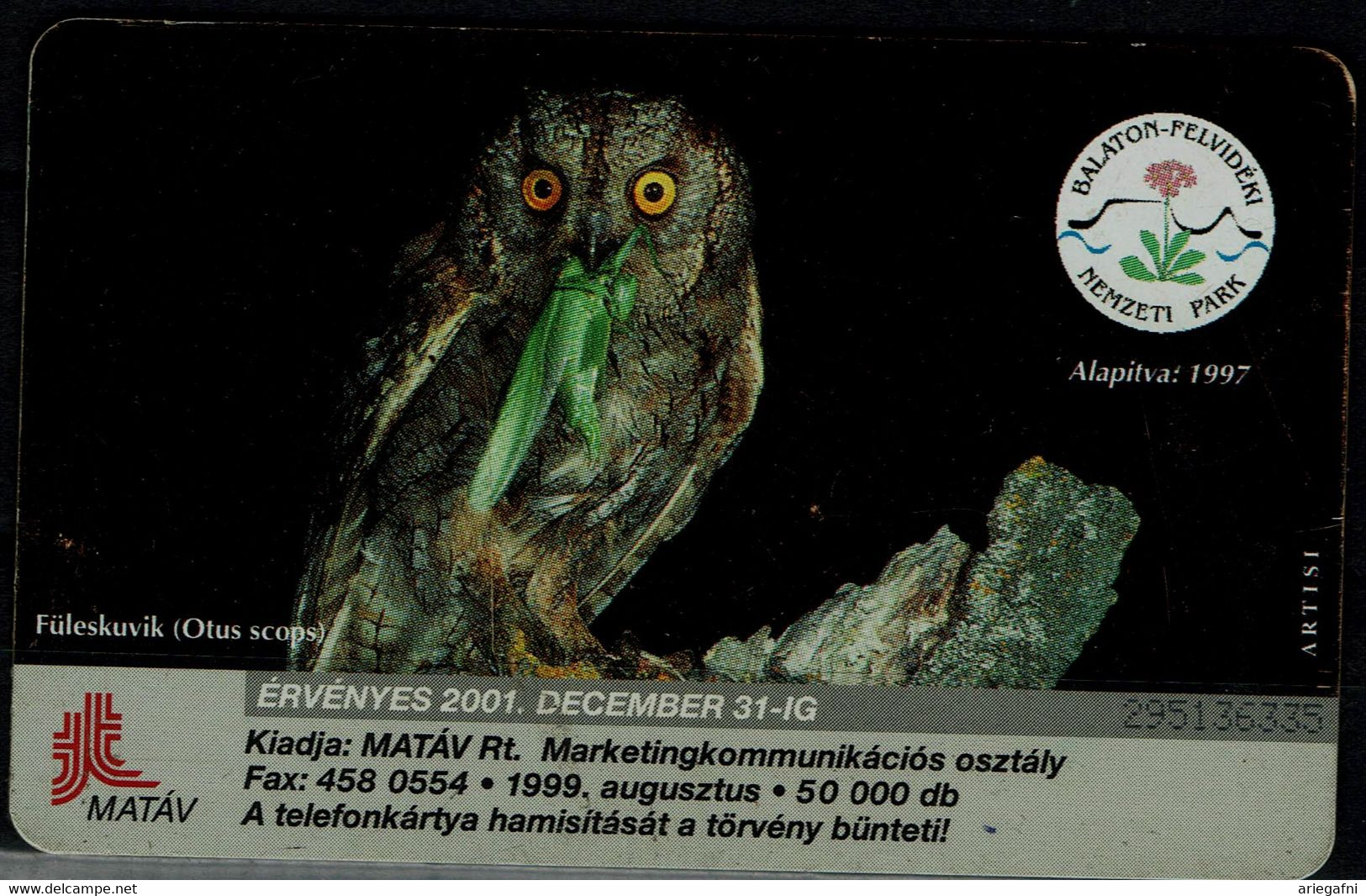 HUNGARY 1999 PHONECARD OWLS USED VF!! - Gufi E Civette
