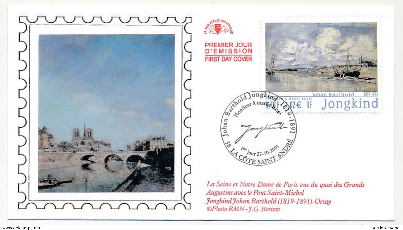 FRANCE - 1 Env FDC Soie - Johan Barthold Jongkind - 27/10/2001 - La Côte St André - 2000-2009