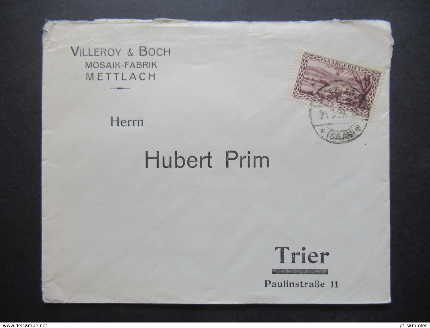 Saargebiet 1922 Gedruckter Firmenumschlag Villeroy & Boch Mosaik Fabrik Mettlach Nach Trier Thematik Porzellan - Cartas & Documentos