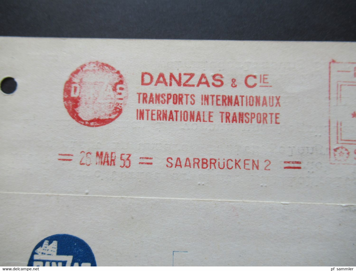 Saargebiet / Saarland 1953 AFS / Freistempel Auf Firmen PK Danzas Transports Internationaux Post Saar Saarbrücken 2 - Cartas & Documentos