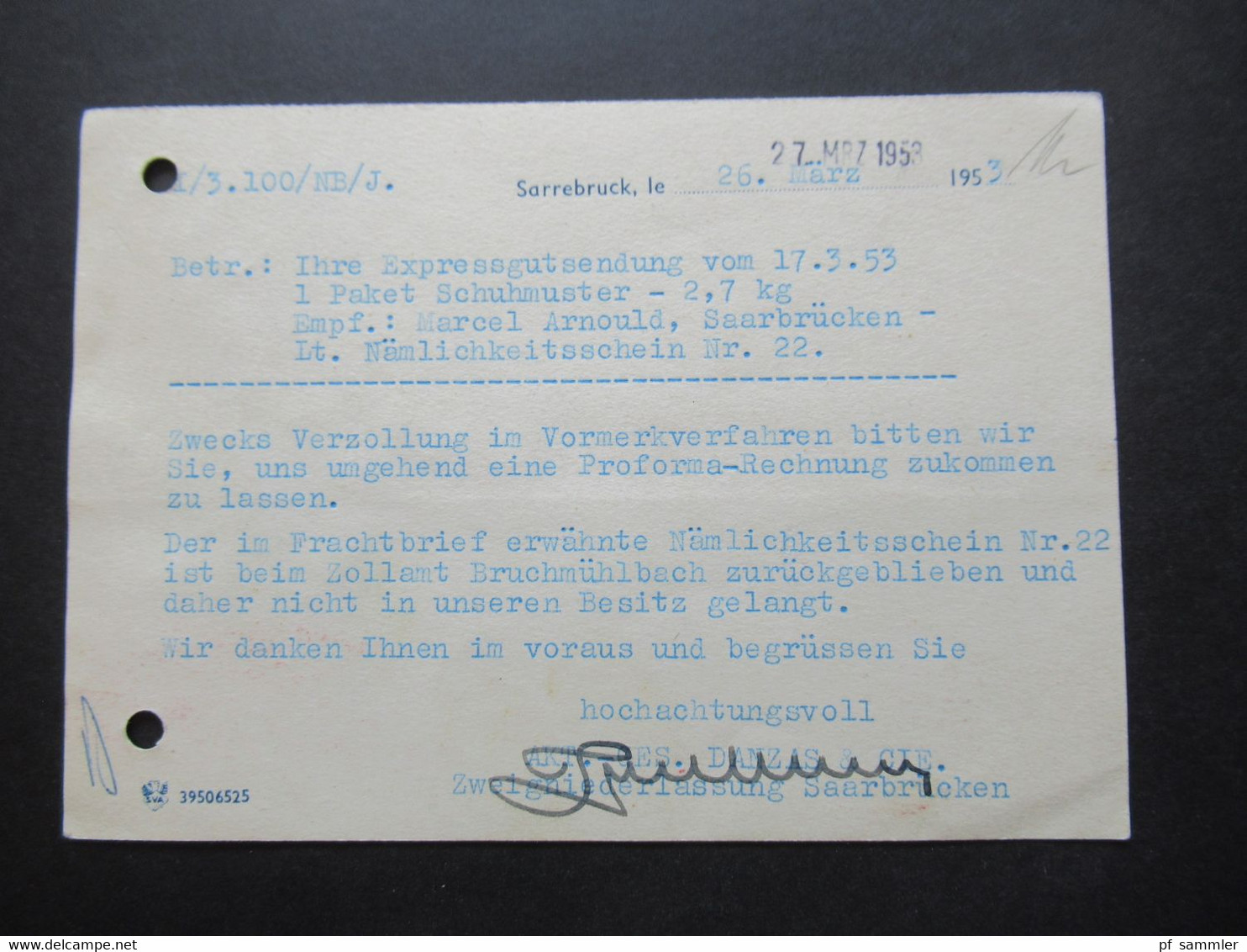 Saargebiet / Saarland 1953 AFS / Freistempel Auf Firmen PK Danzas Transports Internationaux Post Saar Saarbrücken 2 - Covers & Documents