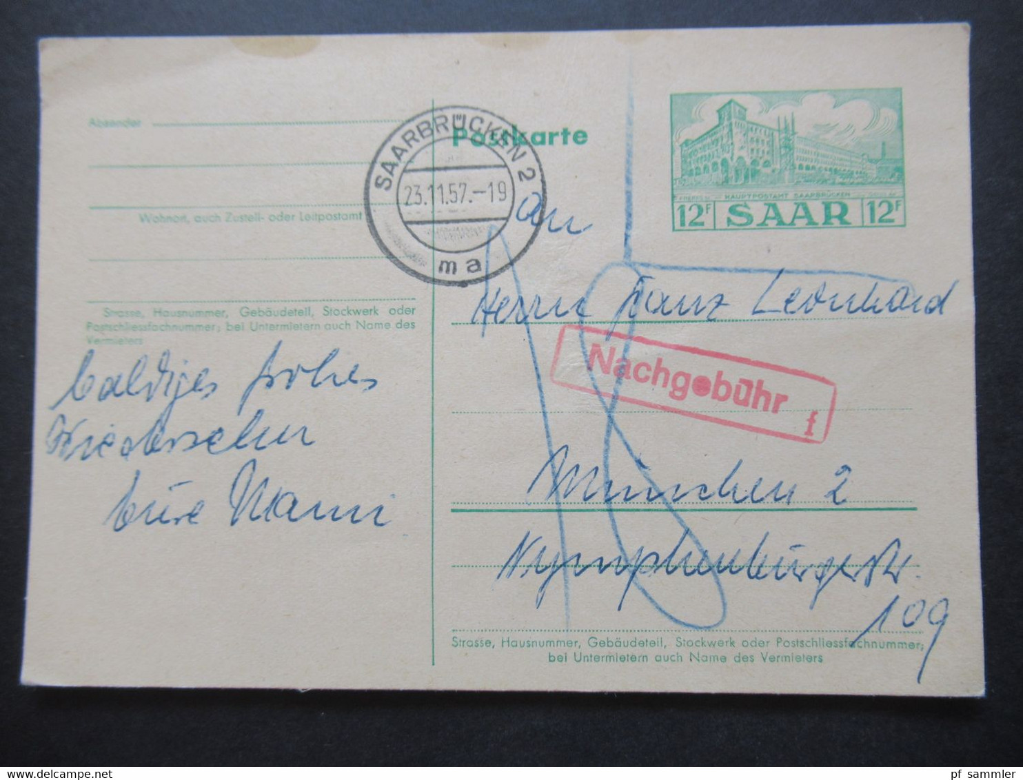 Saarland 1957 Ganzsachen P 41 Ungültig / Beanstandet Mit Nachporto / Roter Stempel Ra1 Nachgebühr F Und T Nach München - Storia Postale