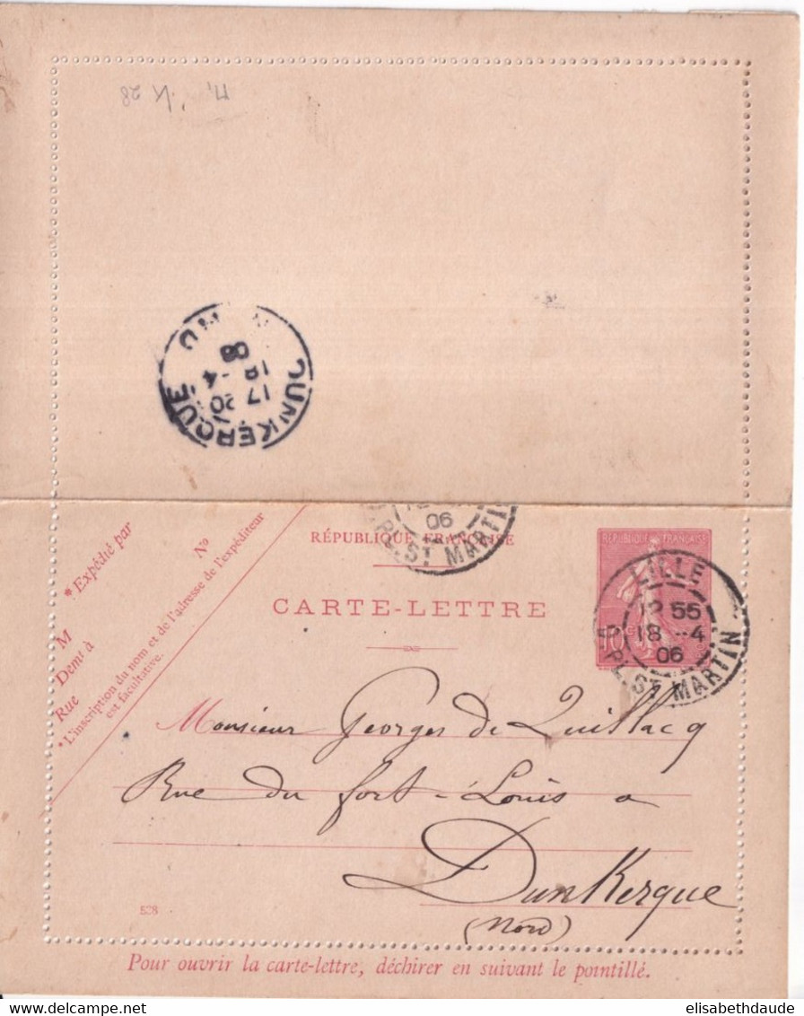 SEMEUSE LIGNEE - 1906 -  CARTE-LETTRE ENTIER Avec BORDS ! De LILLE => DUNKERQUE - Cartes-lettres