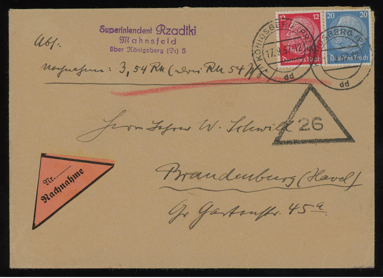 TREASURE HUNT [01396] Germany 1937 C-o-d Cover From Königsberg To Brandenburg With Hindenburg 12 Pf Carmine+20 Pf Blue - Storia Postale