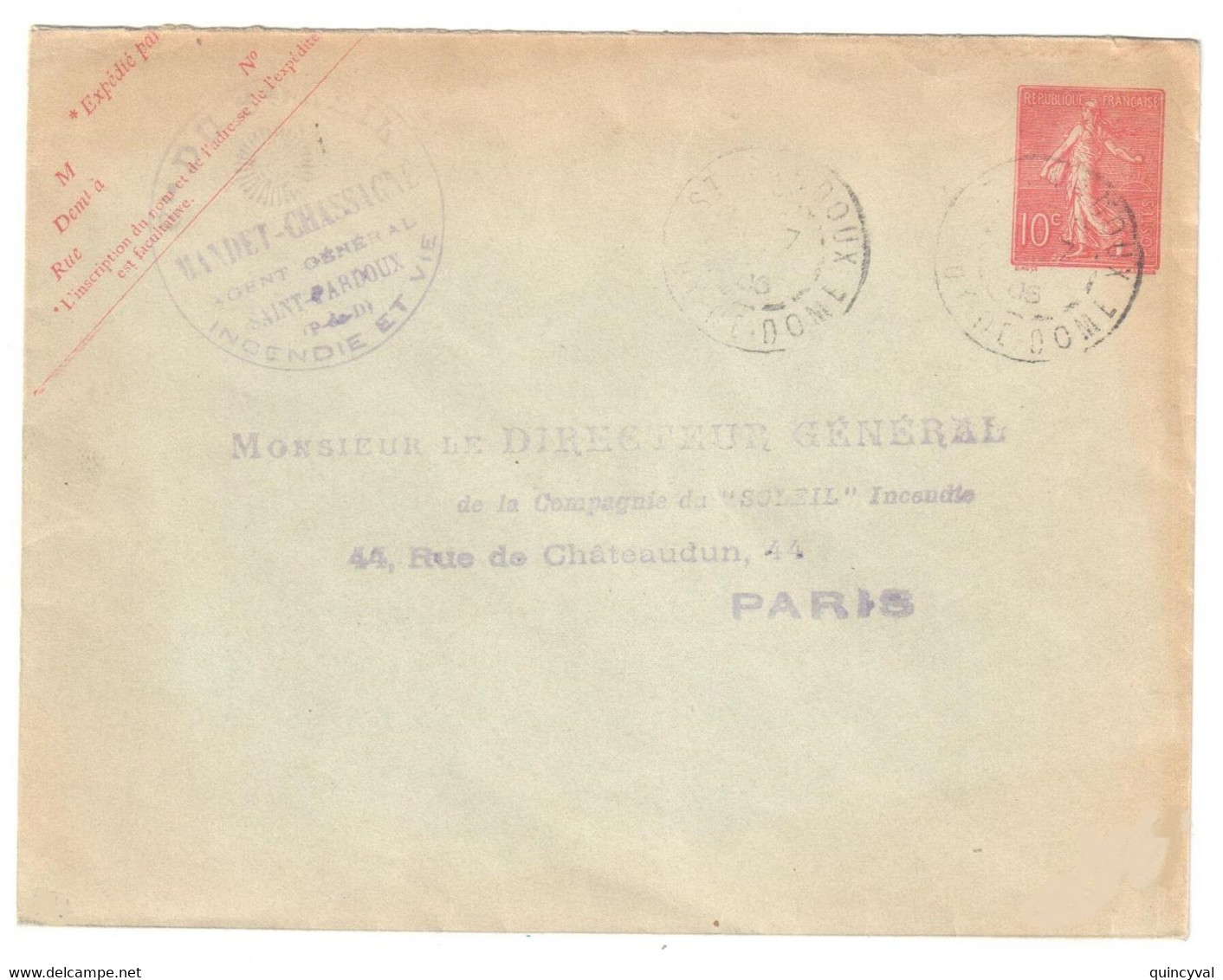 St PARDOUX Puy De Dôme Enveloppe 147x112 Entier 10c Semeuse Lignée Date 612 Storch A12 Yv 129-E6 Ob 1906 - Standard Covers & Stamped On Demand (before 1995)