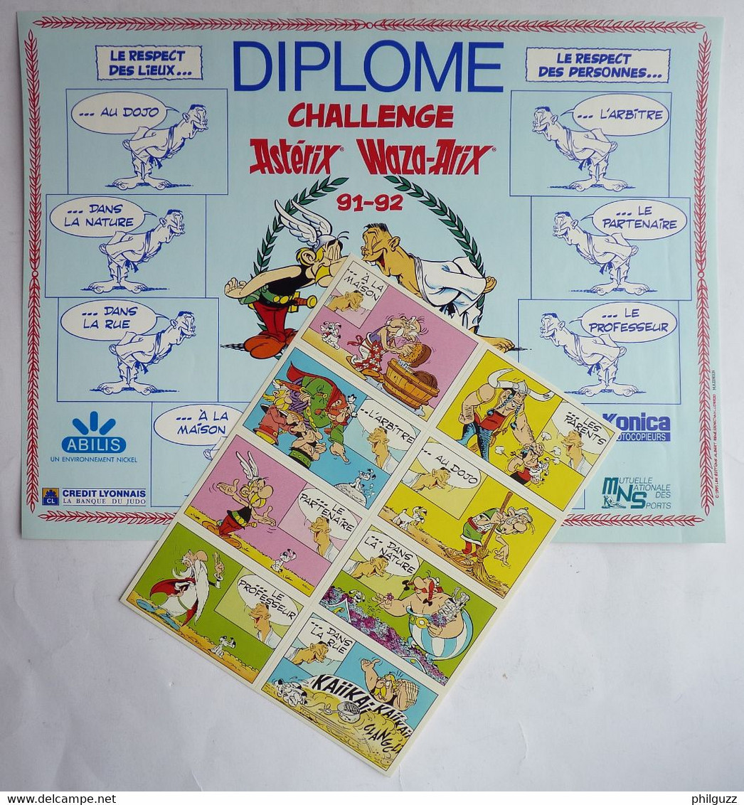 DIPLOME AVEC PLANCHE DE 8 AUTOCOLLANTS FFJDA FEDERATION FRANCAISE DE JUDO ET DICIPLINES ASSOCIEES ASTERIX 1991 - 92 6 - Objets Publicitaires