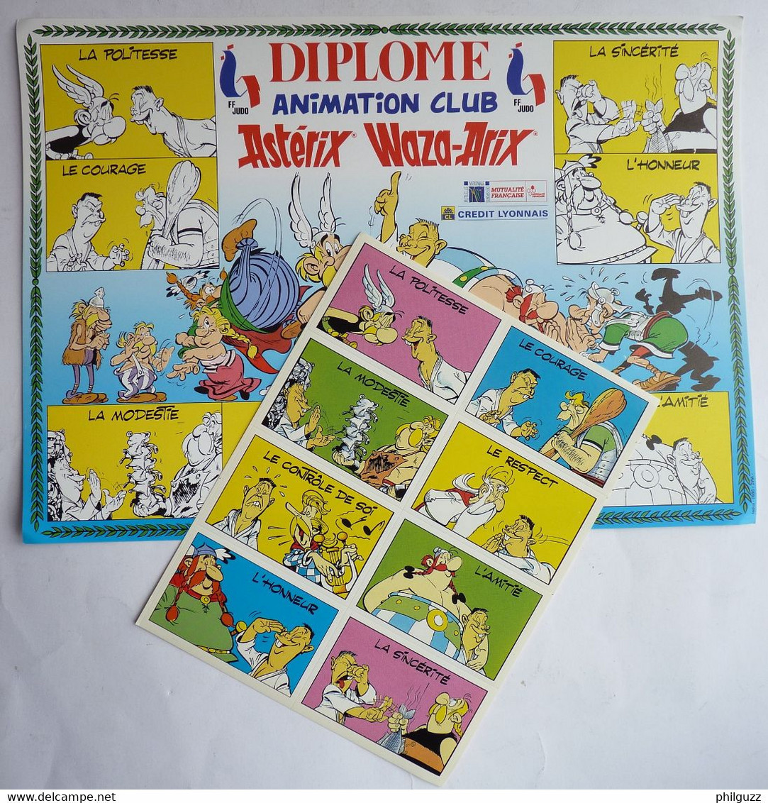 DIPLOME AVEC PLANCHE DE 8 AUTOCOLLANTS FFJDA FEDERATION FRANCAISE DE JUDO ET DICIPLINES ASSOCIEES ASTERIX 1992 - 93 6 - Objets Publicitaires