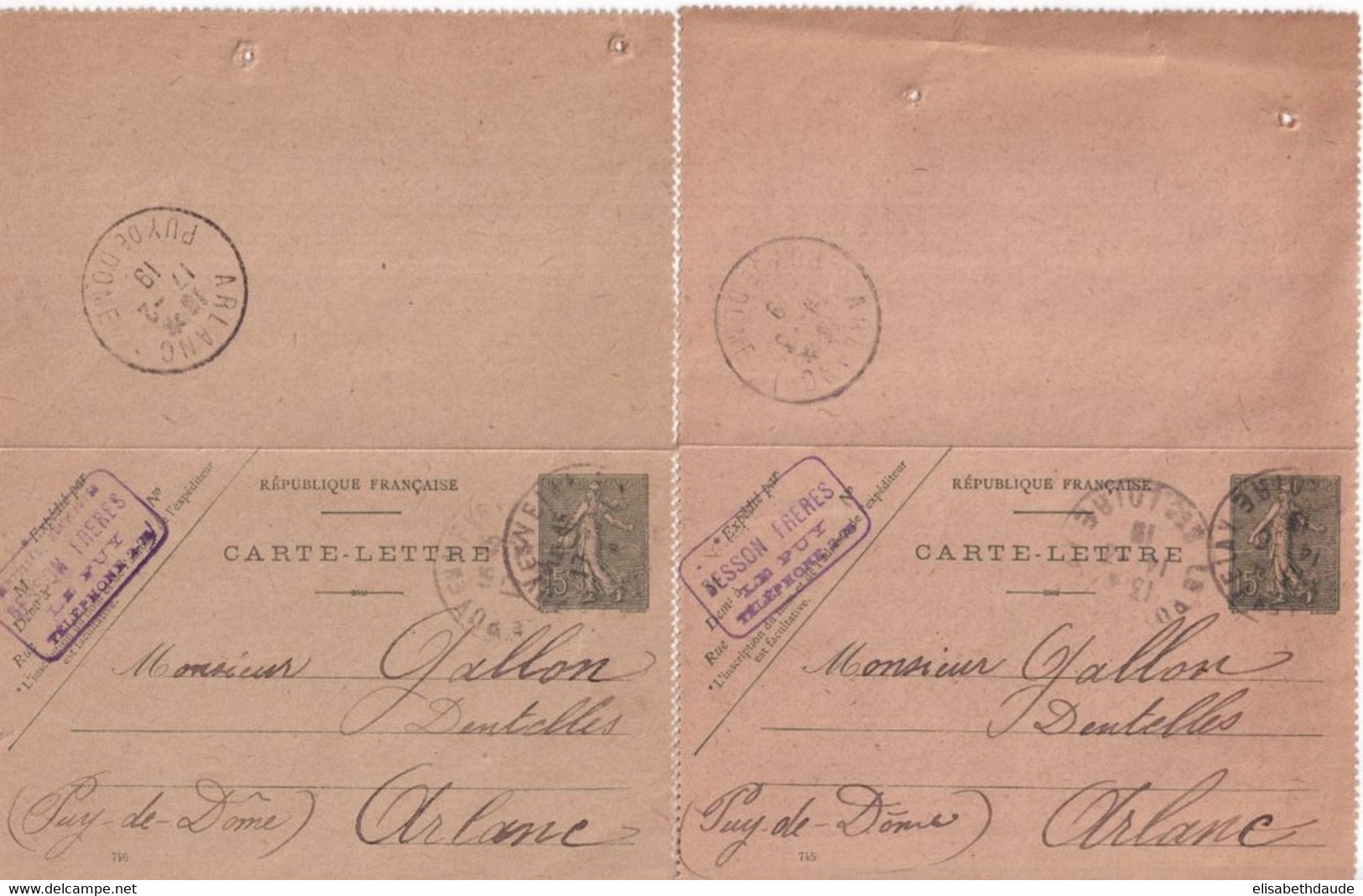SEMEUSE LIGNEE - 1919 -  2 CARTE-LETTRES ENTIER DATE 745+746 (TEINTES DIFFERENTES) De LE PUY => ARLANC - Tarjetas Cartas