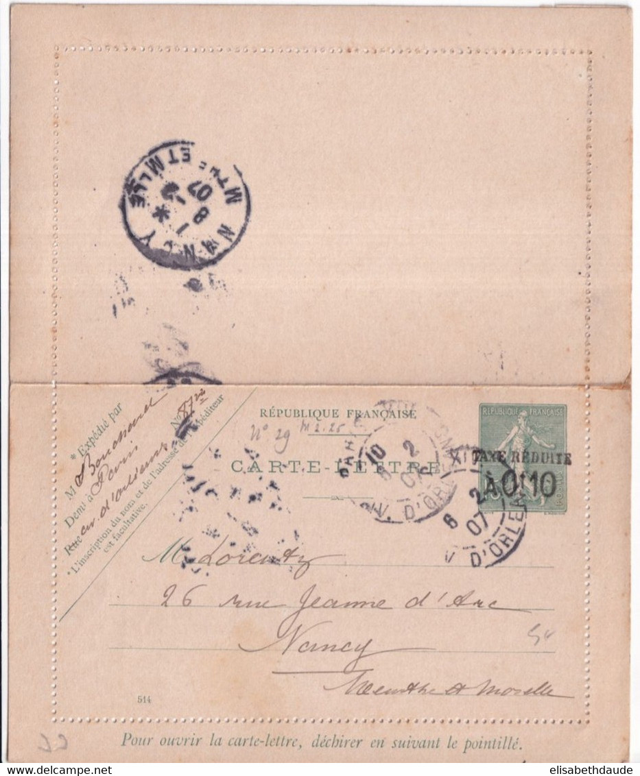 SEMEUSE LIGNEE - 1907 - CARTE-LETTRE ENTIER SURCHARGEE DATE 514 Avec BORDS ! => NANCY - Letter Cards