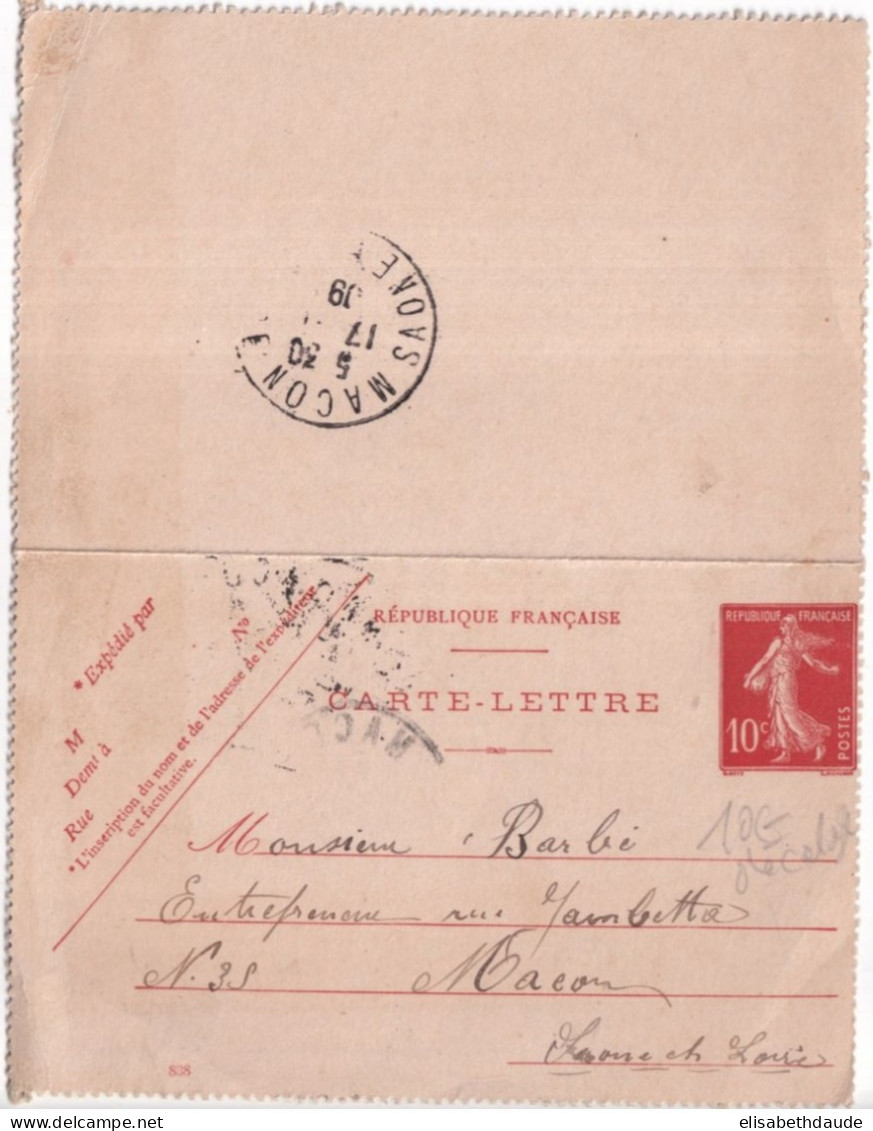 SEMEUSE CAMEE - 1909 - CARTE-LETTRE ENTIER DATE 838 AVEC VARIETE DE PIQUAGE DECALE - Storia Postale