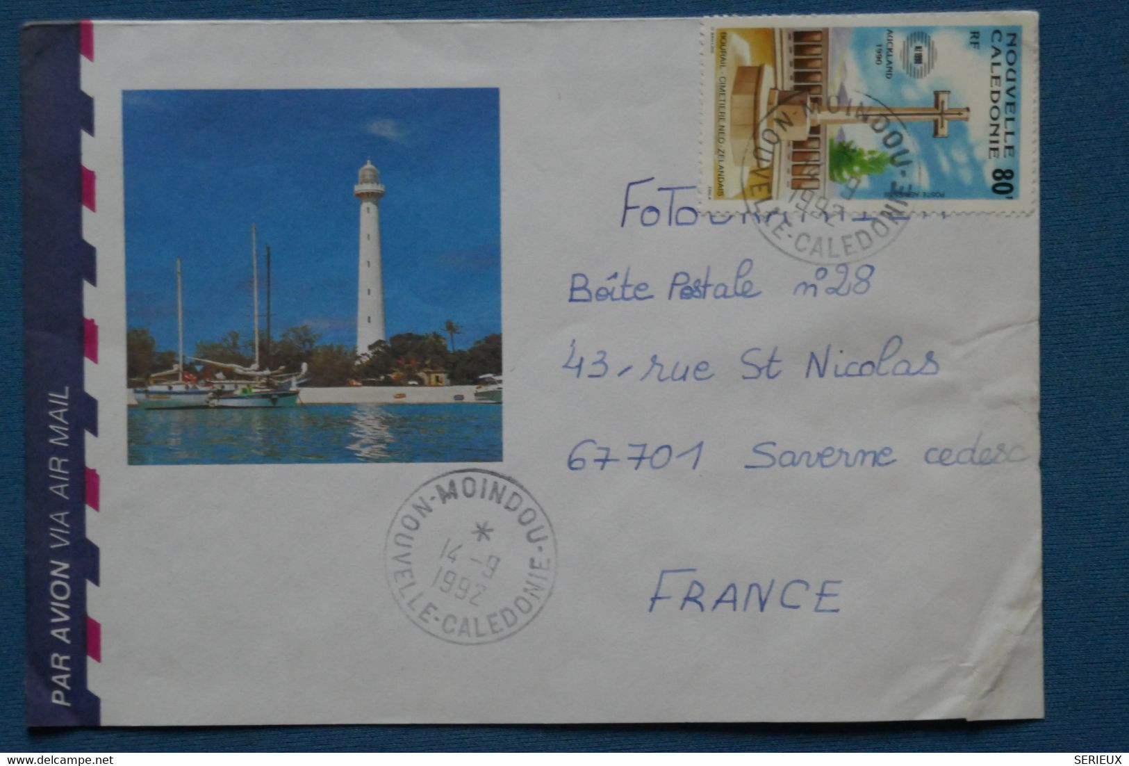 AA 2 NOUVELLE CALEDONIE  BELLE LETTRE  1992 MOINDOU POUR SAVERNE  +  +AFFRANCH. PLAISANT - Brieven En Documenten