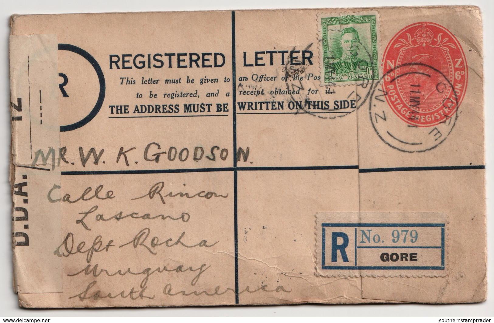 1941 WW2 Gore, New Zealand 6d Uprated Censored Cover To South America - Postal Stationery