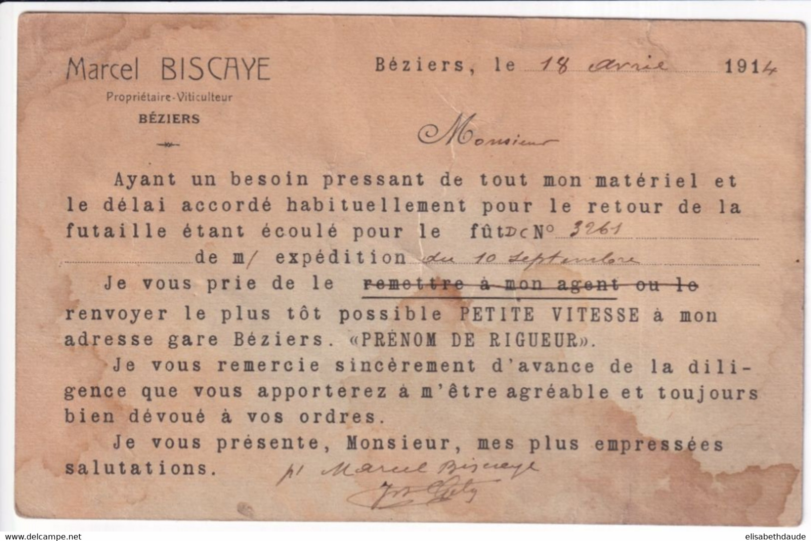 SEMEUSE CAMEE - 1914 - CP ENTIER Avec REPIQUAGE "BISCAYE VITICULTEUR" à BEZIERS (HERAULT) => VIC LE COMTE - VINS - Cartes Postales Repiquages (avant 1995)