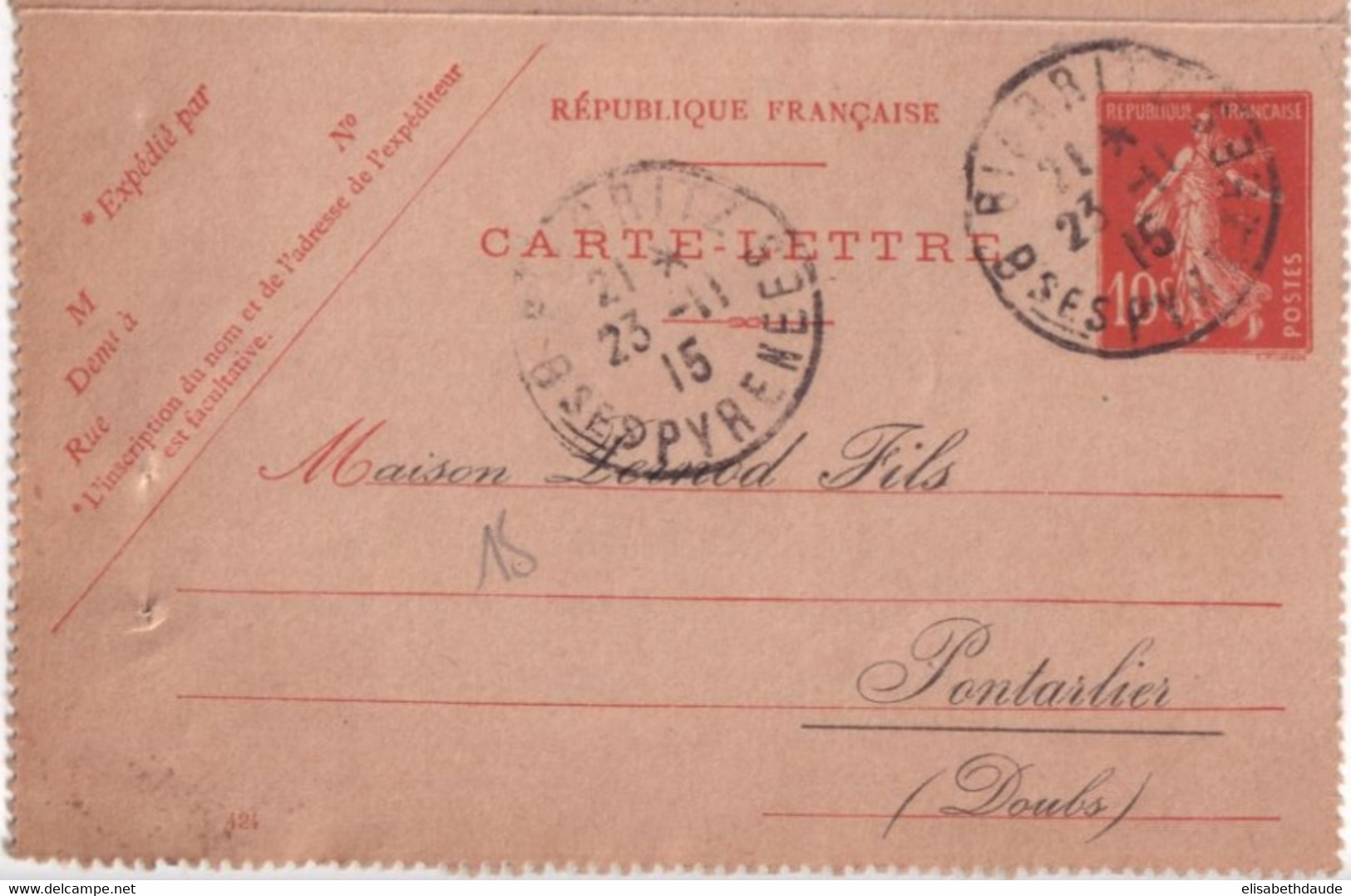 SEMEUSE CAMEE - 1915 - CARTE-LETTRE ENTIER Avec REPIQUAGE "PERNOD" à PONTARLIER (DOUBS) - Kartenbriefe