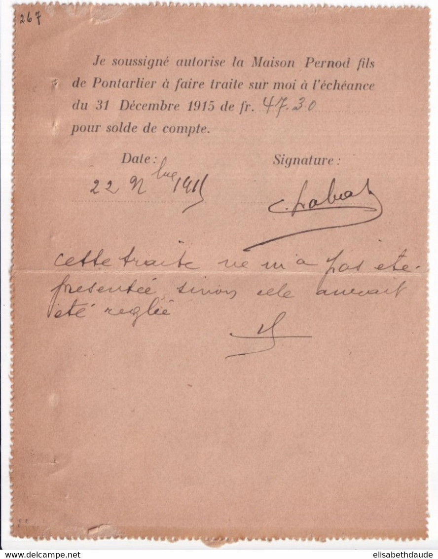 SEMEUSE CAMEE - 1915 - CARTE-LETTRE ENTIER Avec REPIQUAGE "PERNOD" à PONTARLIER (DOUBS) - Kaartbrieven