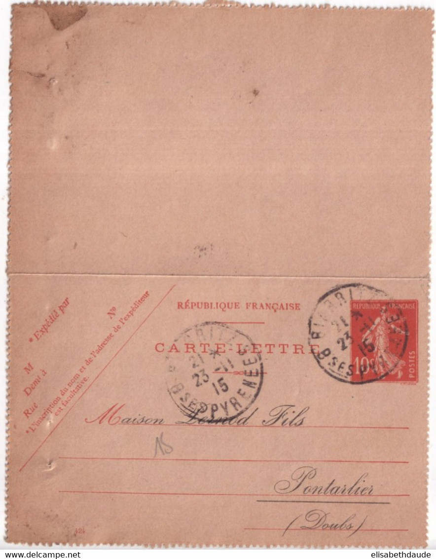 SEMEUSE CAMEE - 1915 - CARTE-LETTRE ENTIER Avec REPIQUAGE "PERNOD" à PONTARLIER (DOUBS) - Kartenbriefe