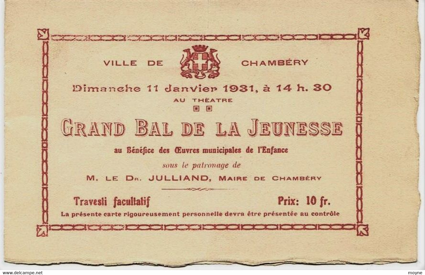 645 - CHAMBERY- CARTE D' INVITATION Au  GRAND  BAL  DE  LA  JEUNESSE -  LE 11 Janvier 1931 - RARE - Other & Unclassified