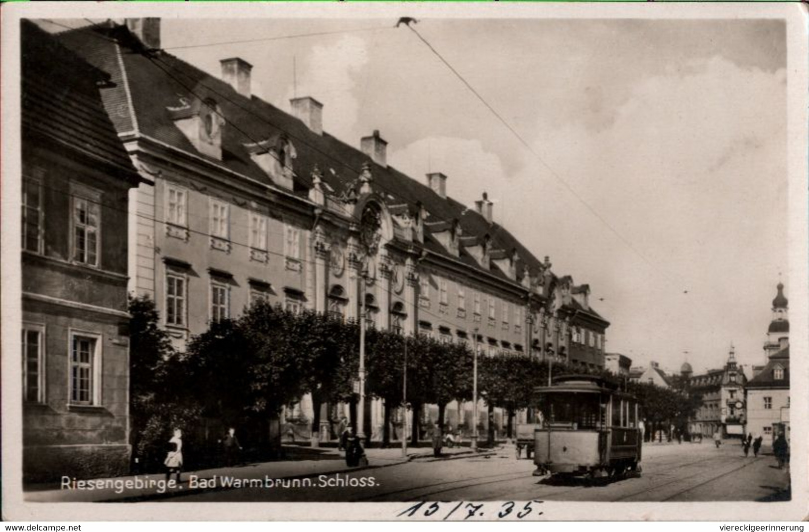 ! 1935 Alte Ansichtskarte Bad Warmbrunn In Schlesien, Riesengebirge, Schloß, Straßenbahn, Tram - Schlesien