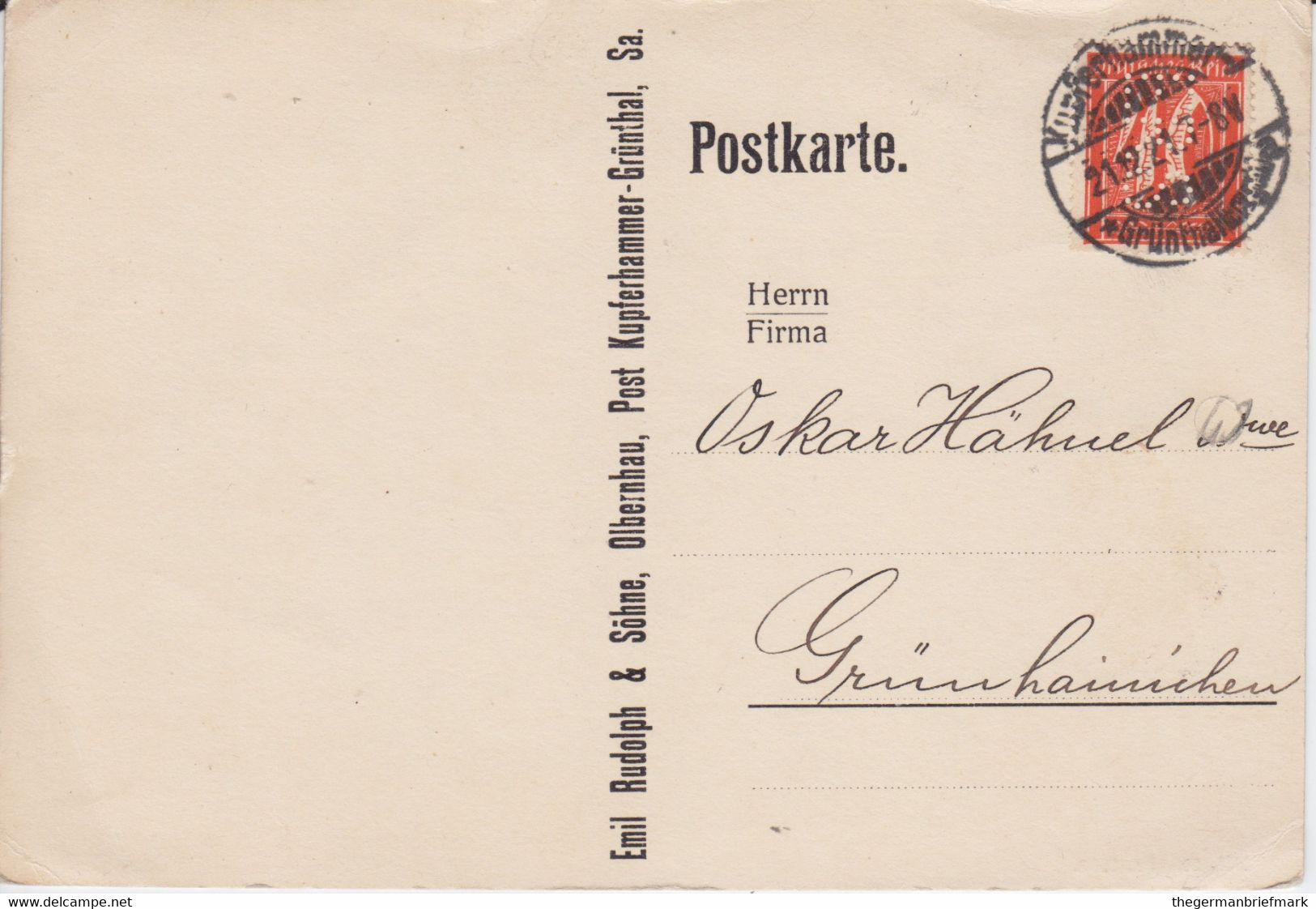 DR Infla Mi 183 Perfin Filo Firmenlochung Kte Kleinschriftstempel Kupferhammer Grünthal Sachsen 1921 - Covers & Documents