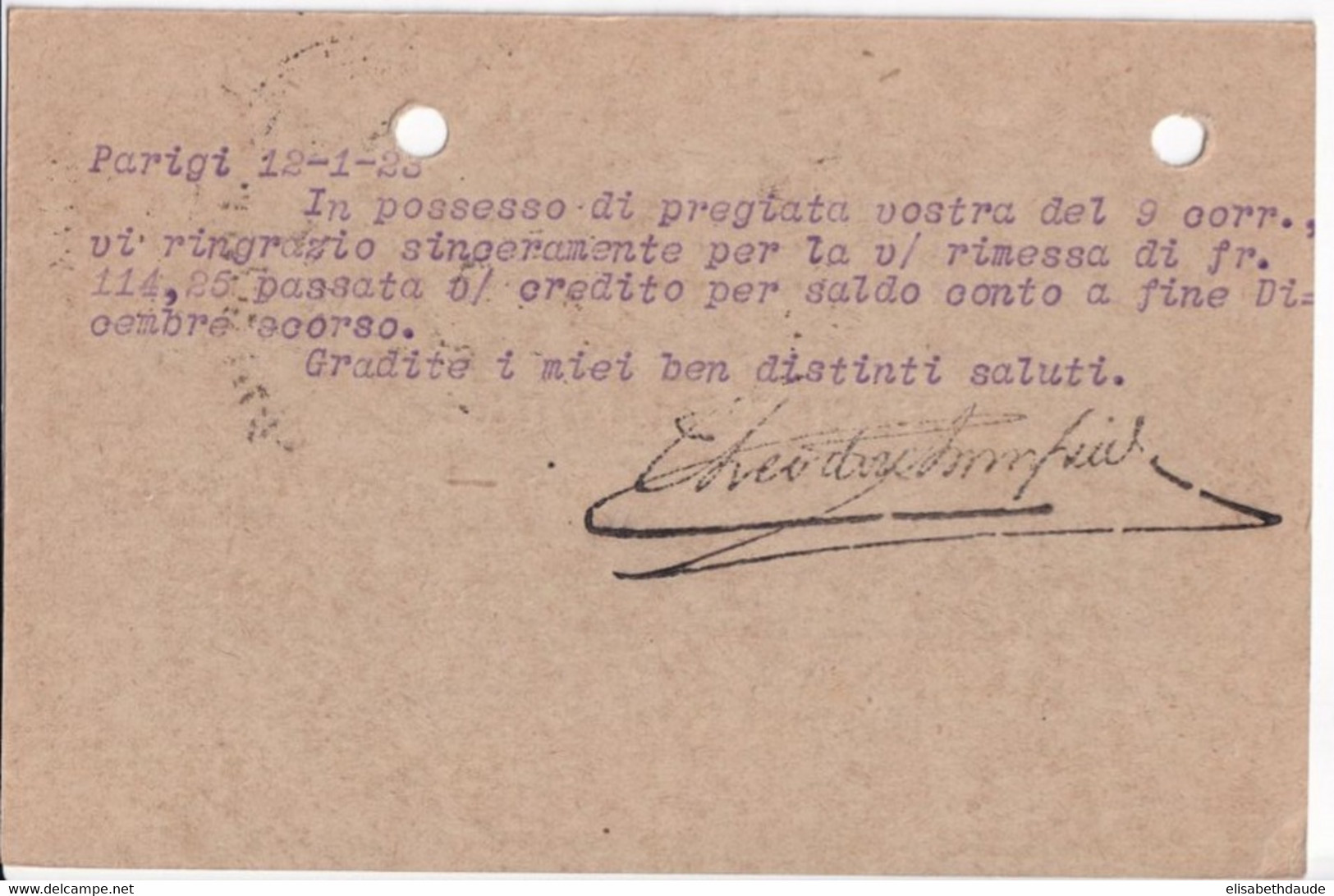 SEMEUSE CAMEE - 1923 - CP ENTIER 30c DATE 128 Avec REPIQUAGE "THEODORE CHAMPION" ! => GENOVA (ITALIE) ! - Bijgewerkte Postkaarten  (voor 1995)