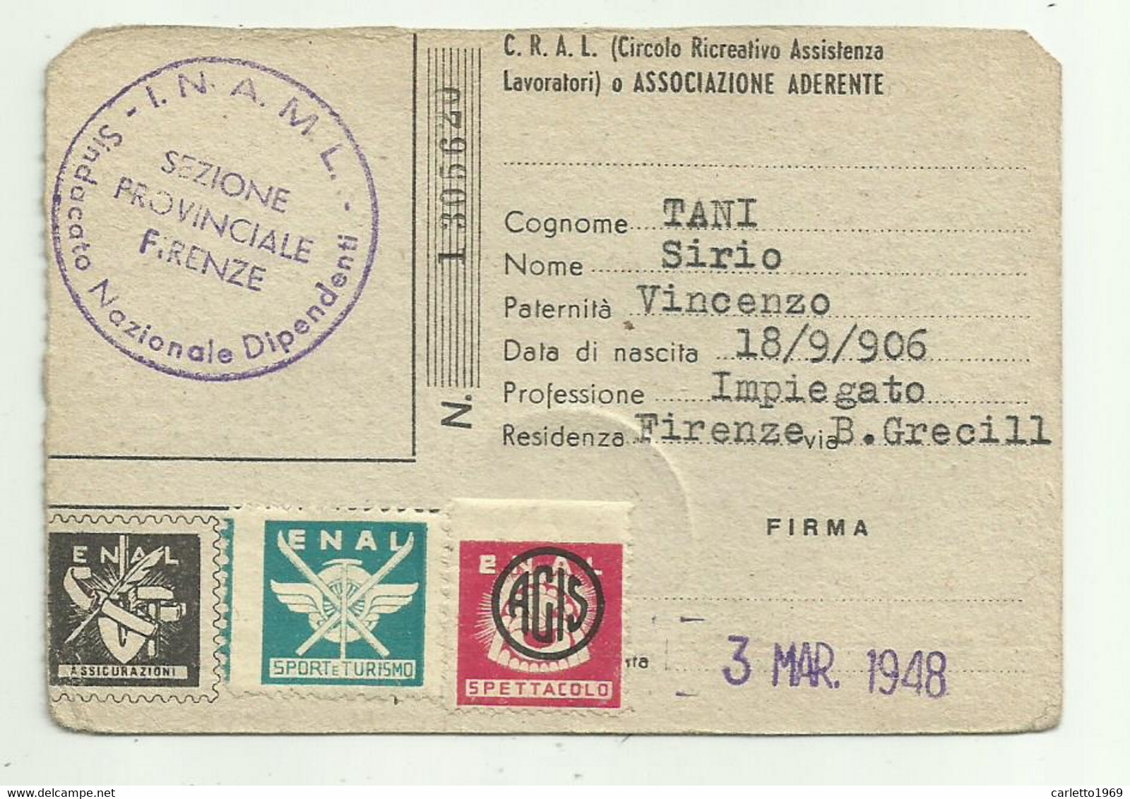 TESSERA ENTE NAZIONALE ASSISTENZA LAVORATORI  - FIRENZE 1948 - Collections