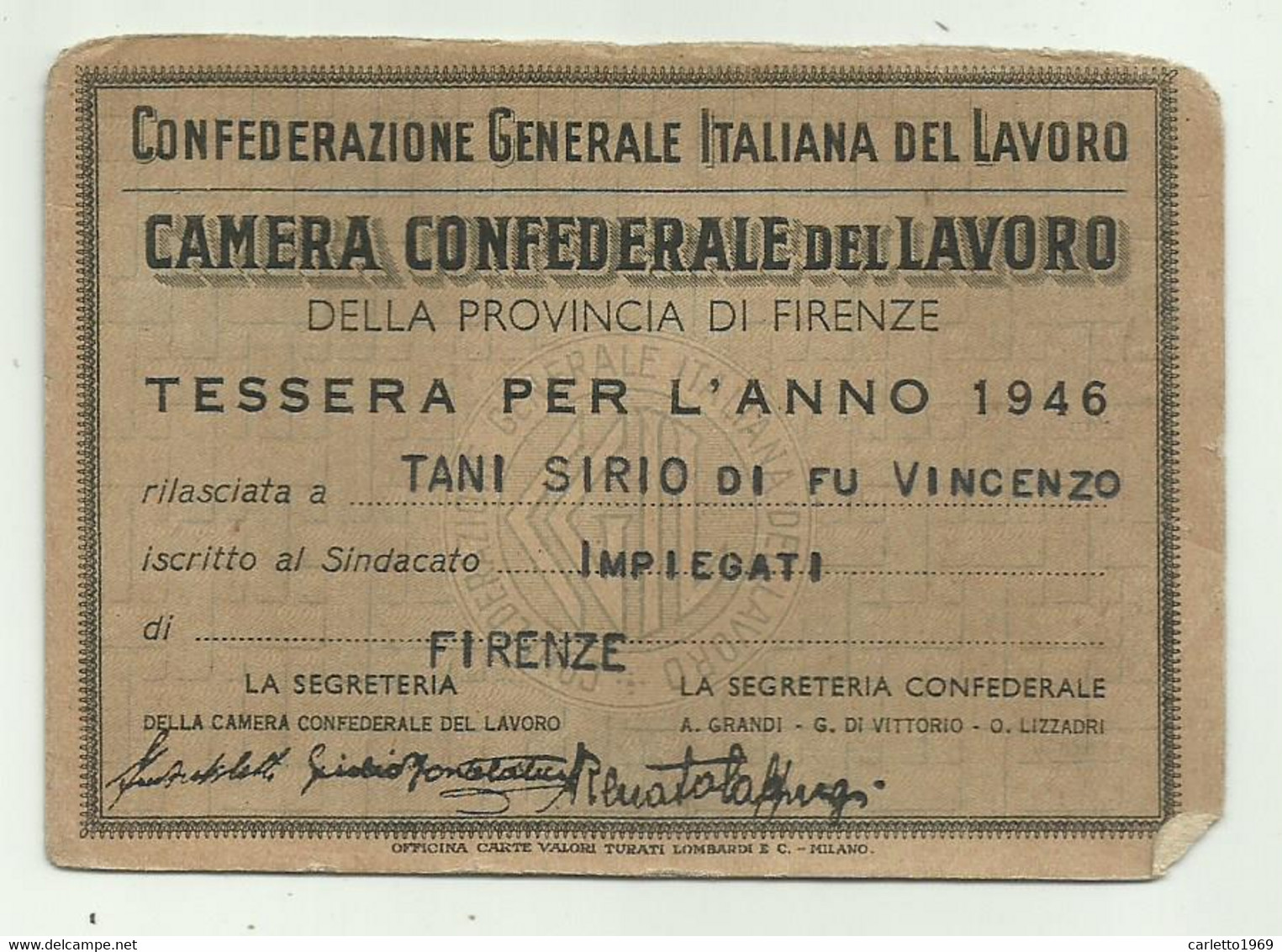 TESSERA CONFEDERAZIONE GENERALE ITALIANA DEL LAVORO - FIRENZE 1946 - Verzamelingen