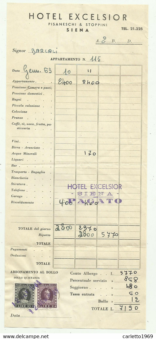 HOTEL EXCELSIOR SIENA 1963 PAGAMENTO CONTO ALBERGO - Italie