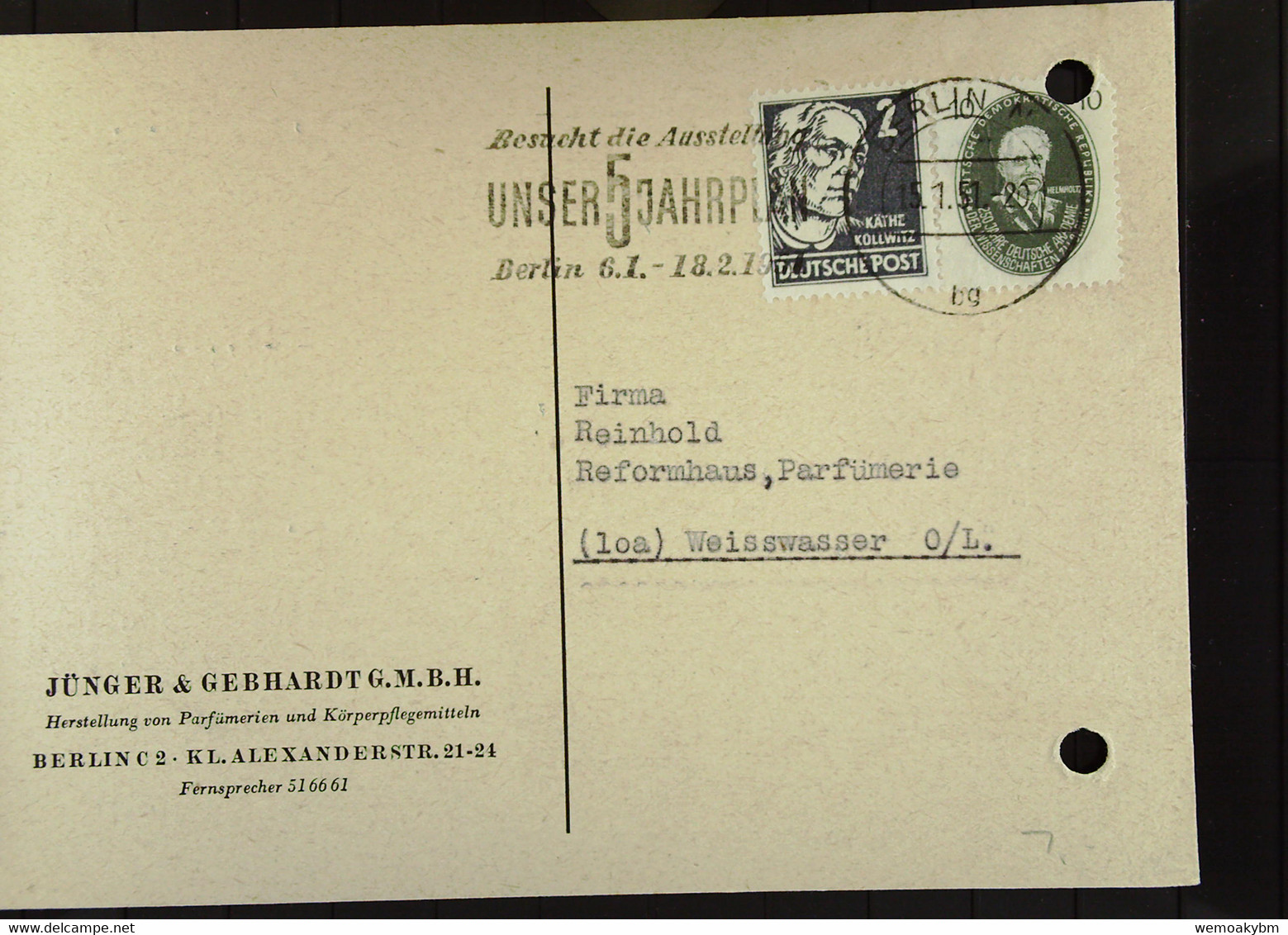 SBZ: Postkarte Mit 2 Pf Kollwitz MiF 10 Pf Helmholz Von Berlin 15.1.51 Nach Weißwasser -GP Mit Aktenlochung Knr: 212,265 - Brieven En Documenten