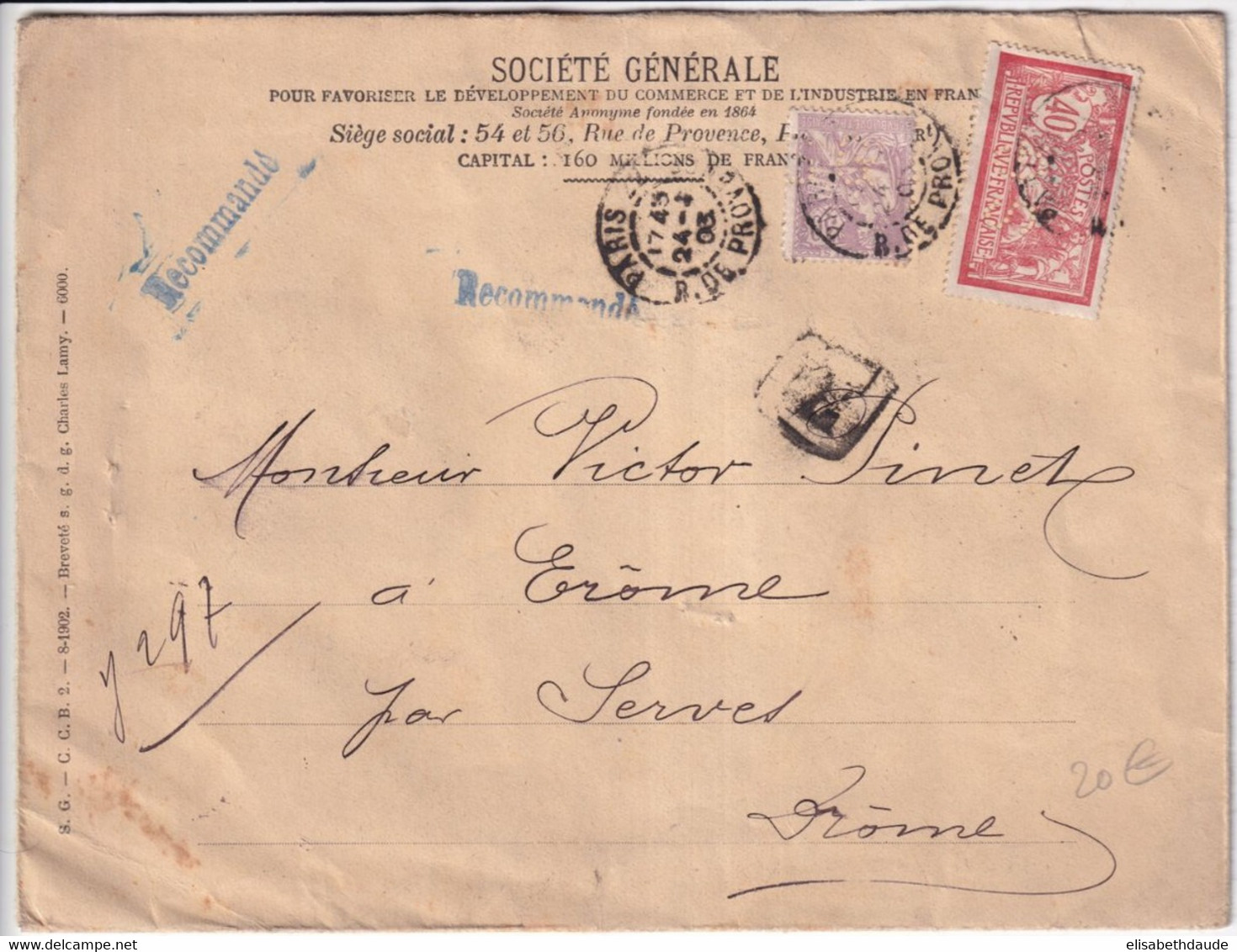 1903 - MERSON + MOUCHON (PERFORES - PERFIN) SOCIETE GENERALE De PARIS =>  EROME (DROME) - Other & Unclassified