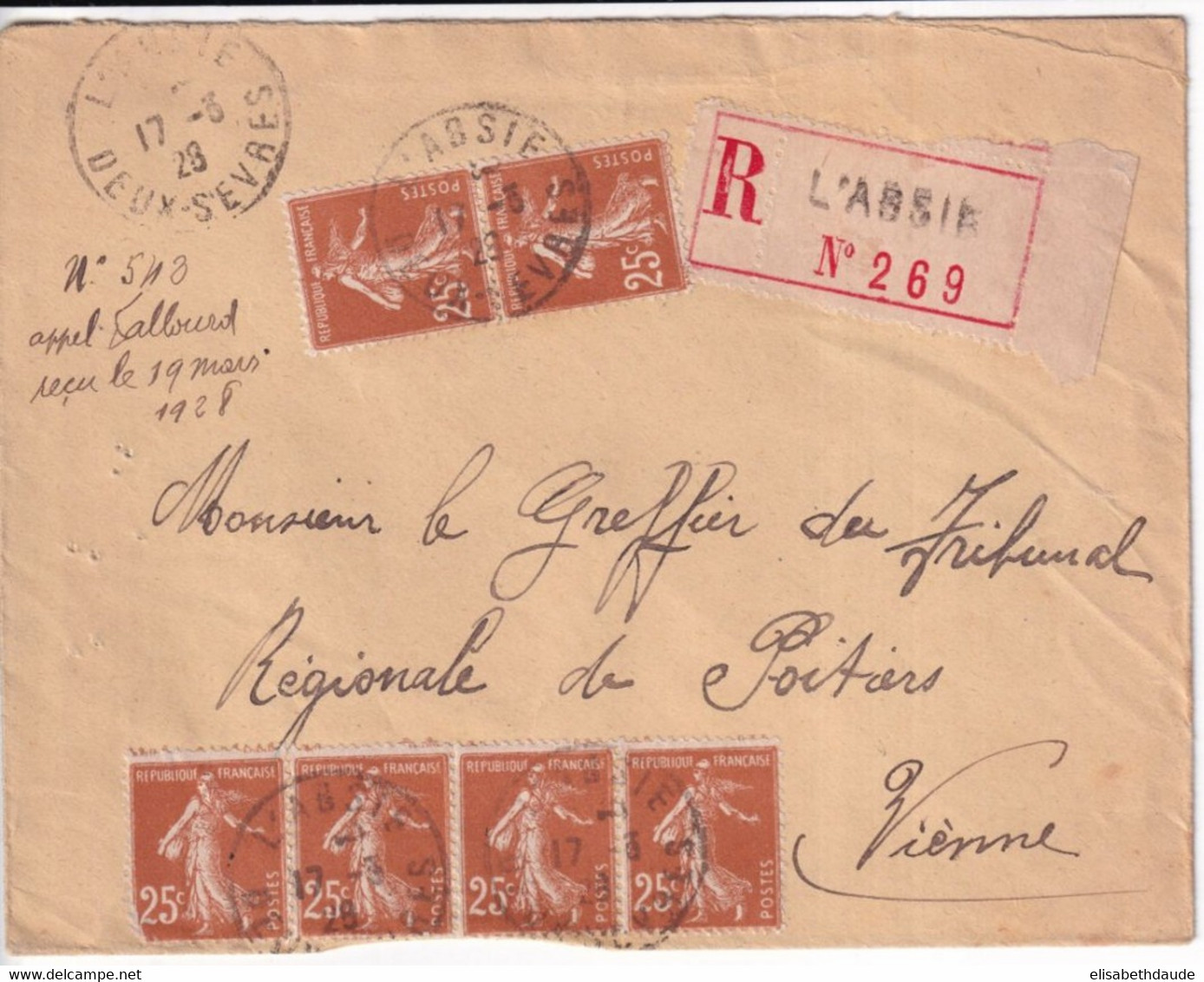 SEMEUSE CAMEE YVERT 235 - 1928 - ENVELOPPE RECOMMANDEE De L'ABSIE (DEUX-SEVRES) - 1906-38 Sower - Cameo