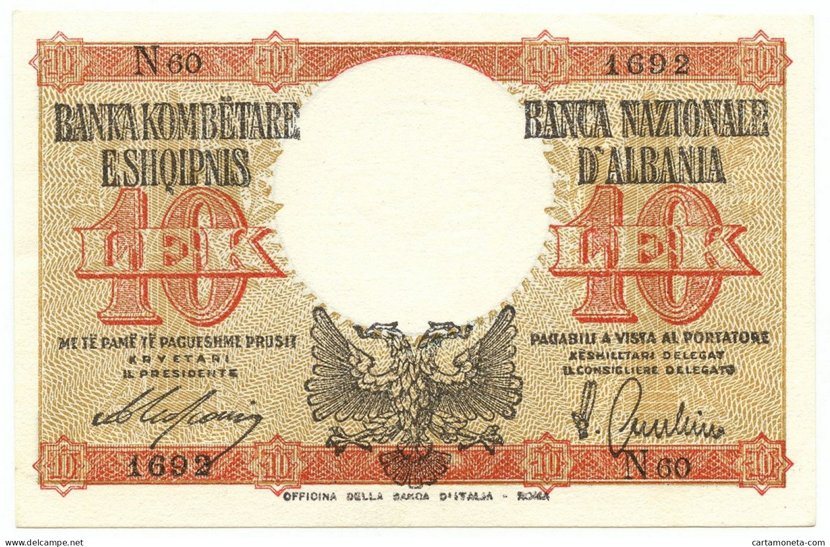 10 LEK REGNO D'ITALIA E ALBANIA BANCA NAZIONALE D'ALBANIA LUGLIO 1940 SUP+ - Unclassified