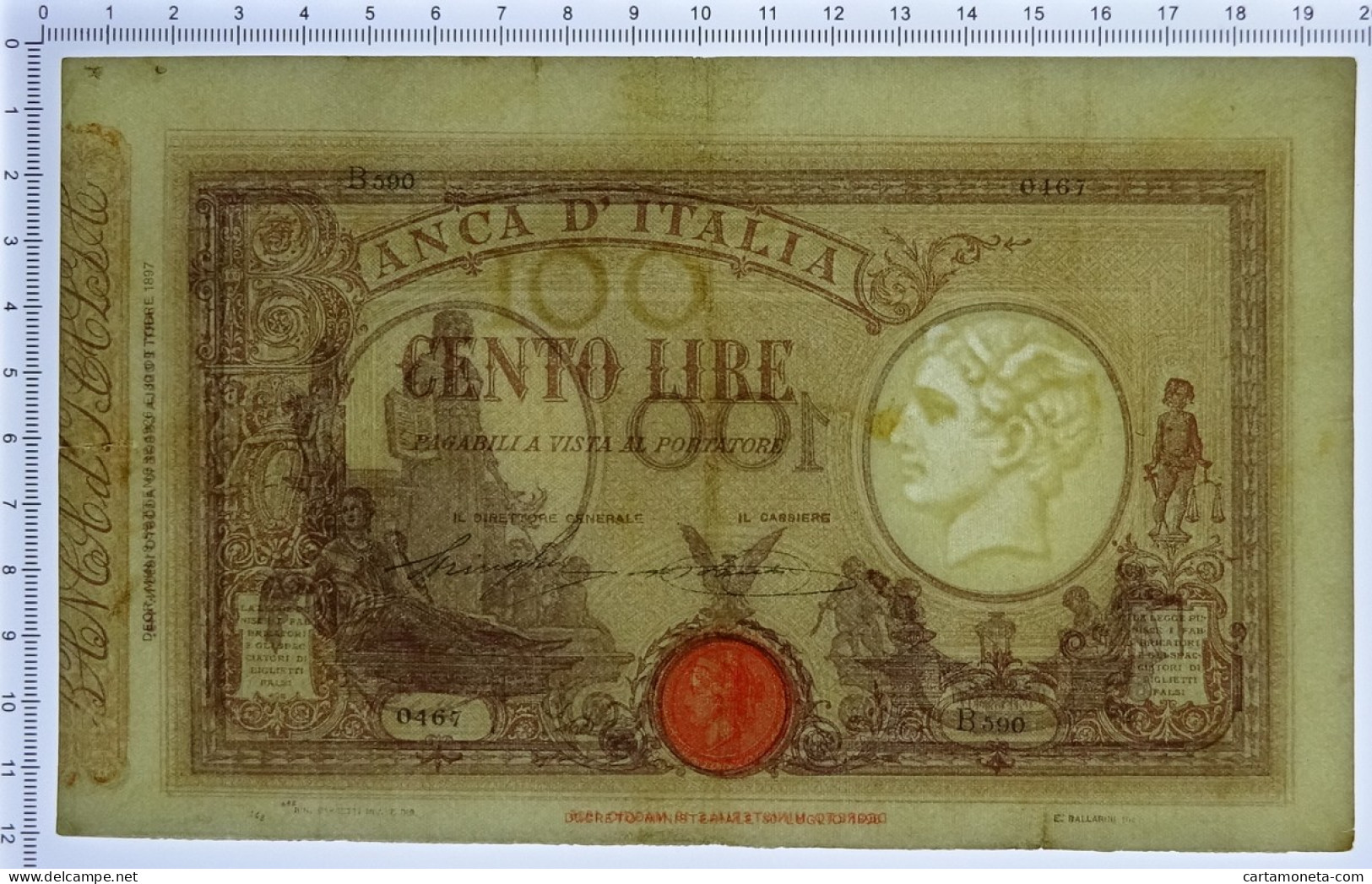 100 LIRE BARBETTI GRANDE B MATRICE LATERALE TESTINA FASCIO 08/09/1926 QBB - Regno D'Italia – Other