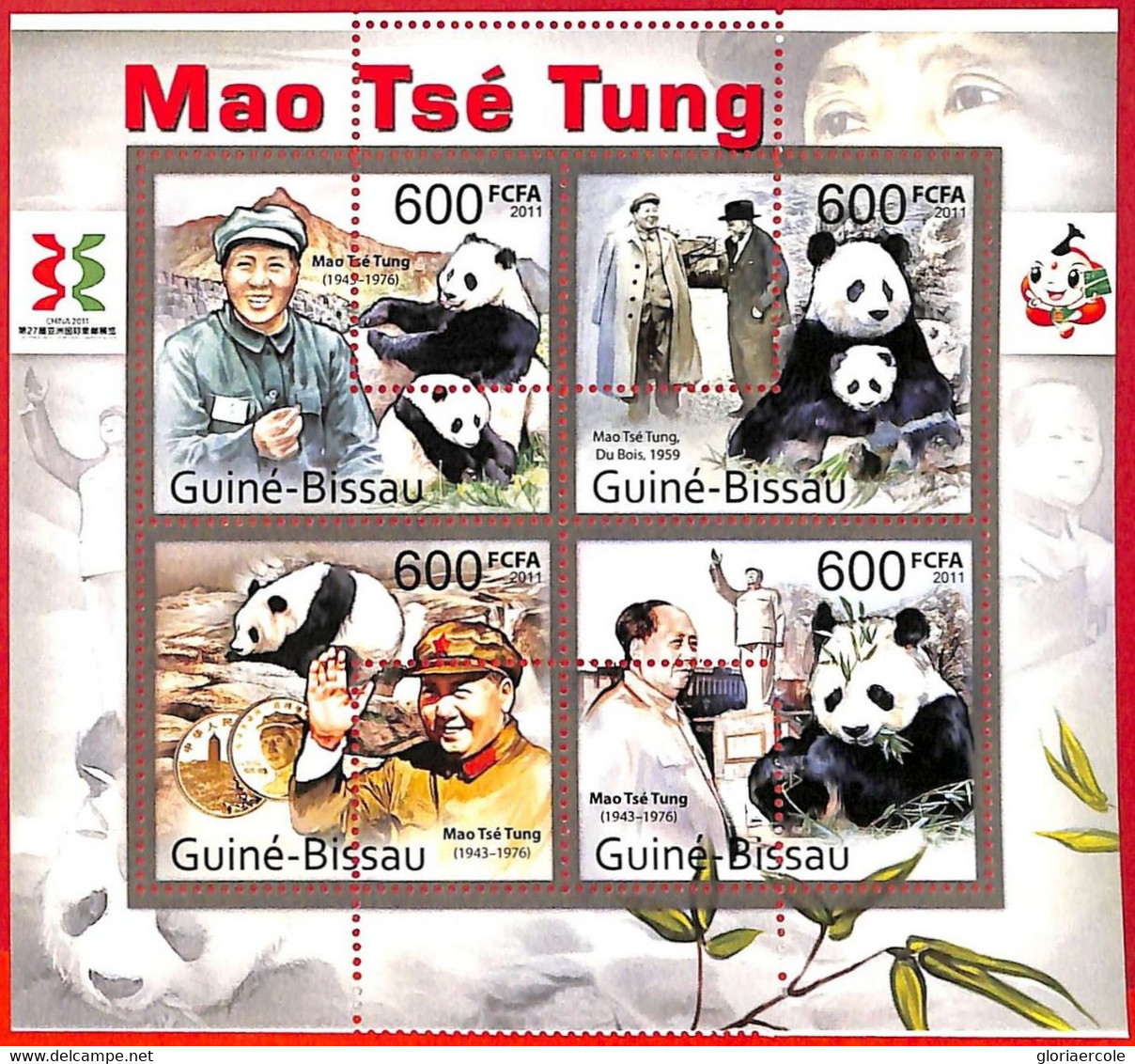 A5225 - GUINEA-BISSAU - Error, 2011, MISPERF, MINIATURE SHEET: Mao Tse Tung, Panda Bears - Mao Tse-Tung