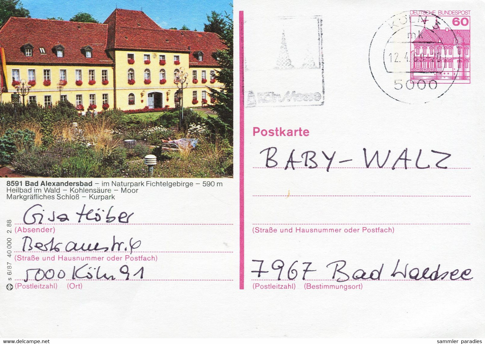 81971) BRD - ▭ P 138 - S6/87 - 5000 ⨀ 8591 Bad Alexandersbad , Schloß - Geïllustreerde Postkaarten - Gebruikt