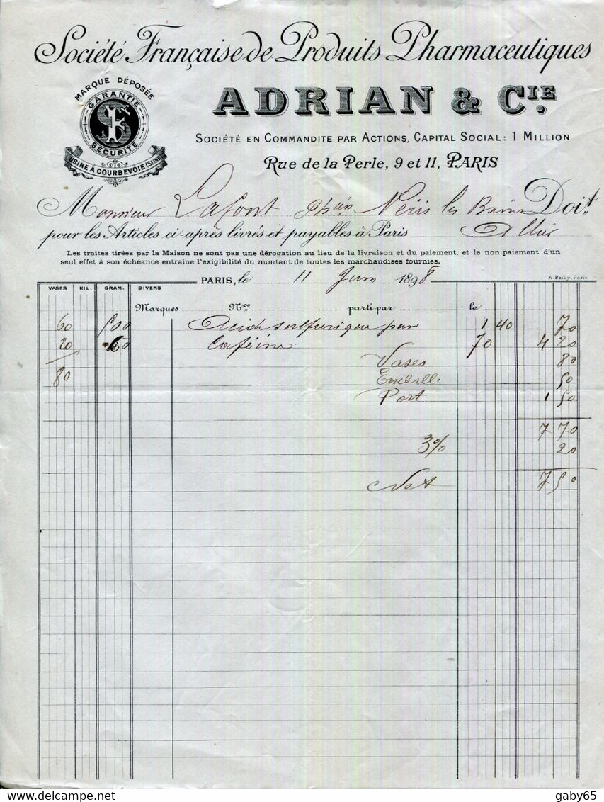 PARIS.SOCIETE FRANÇAISE DE PRODUITS PHARMACEUTIQUES.ADRIAN & Cie.9 & 11 RUE DE LA PERLE. - Chemist's (drugstore) & Perfumery