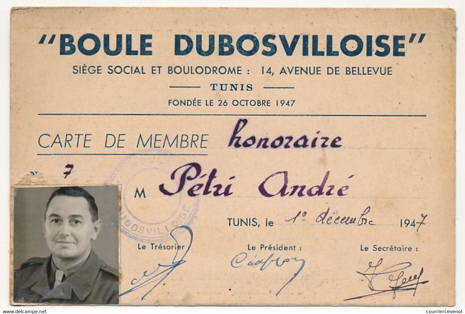 TUNISIE - "Boule Dubosvilloise" TUNIS - Carte De Membre Honoraire - 1947 - Zonder Classificatie