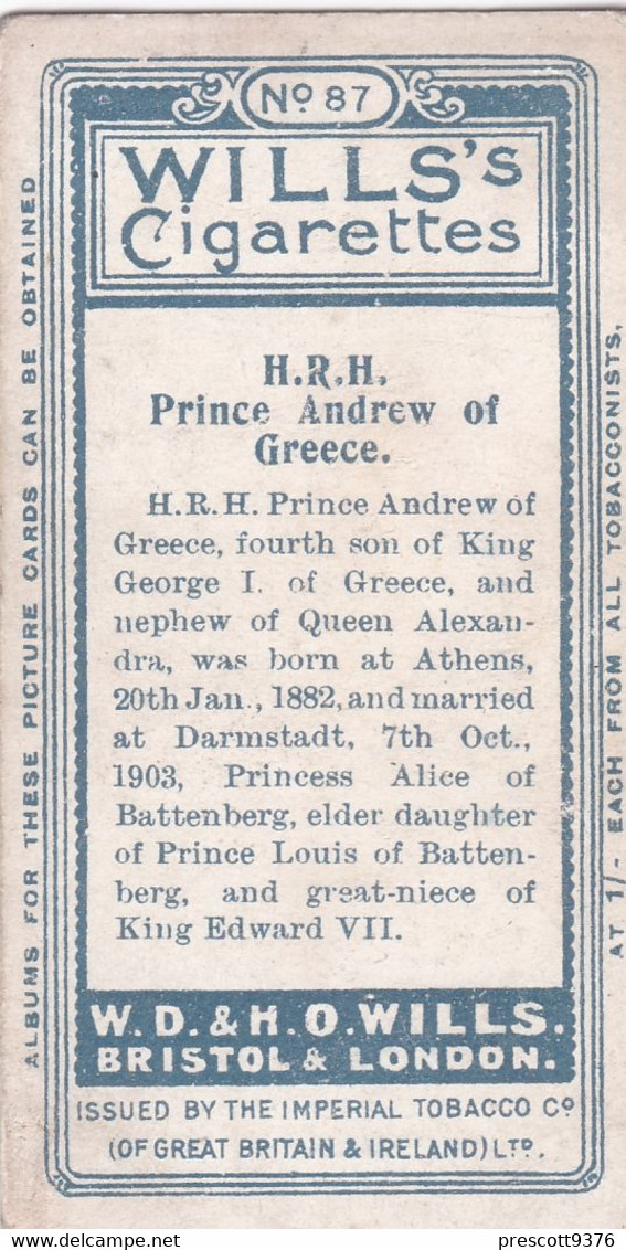 87 Prince Andrew Of Greece -  Portraits Of European Royalty 1908 -  Wills Cigarette Card - Antique - Other & Unclassified