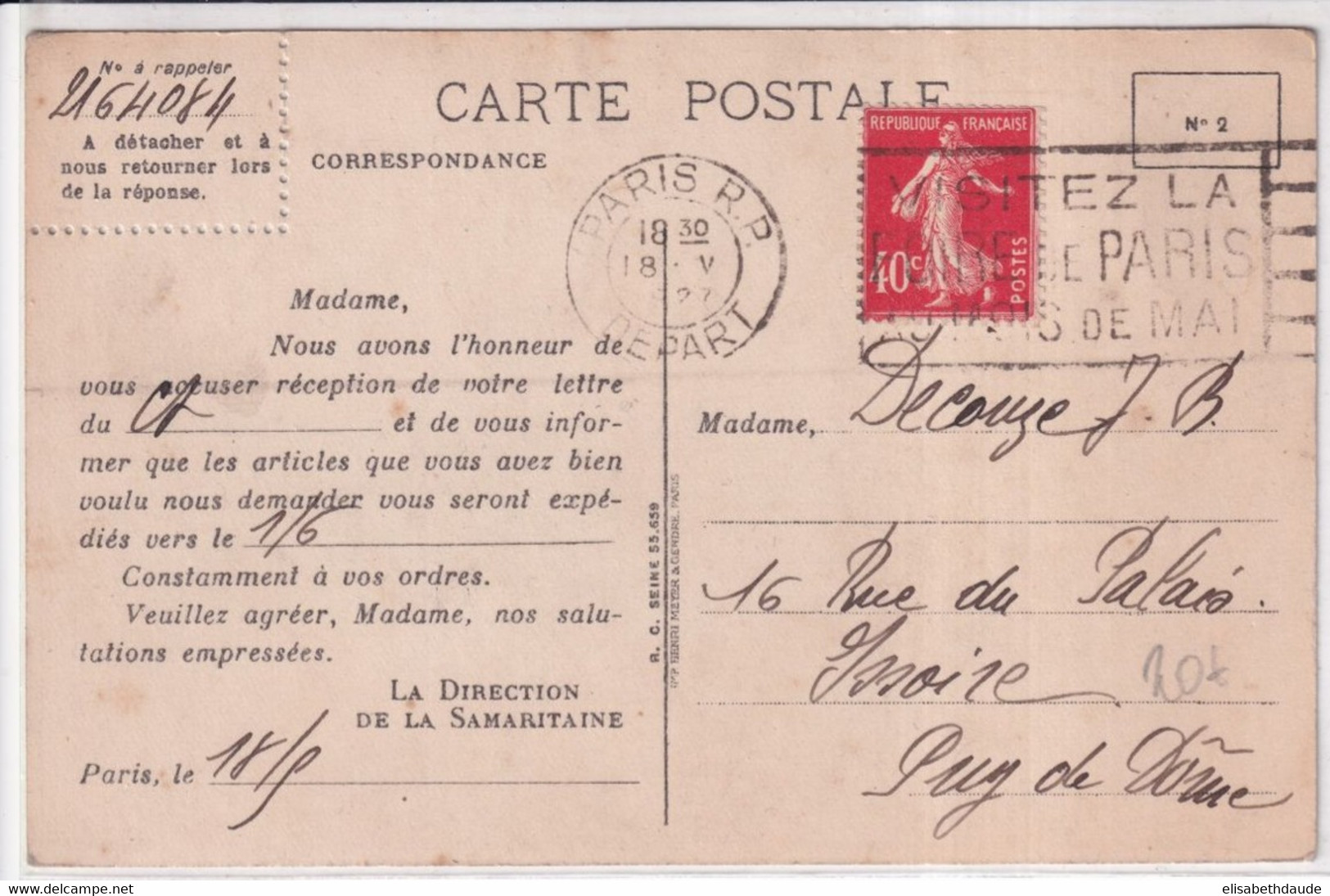 SEMEUSE CAMEE 40c ROULETTE ! - 1927 - CP PUB ILLUSTREE De LA SAMARITAINE à PARIS => ISSOIRE - 1906-38 Semeuse Camée