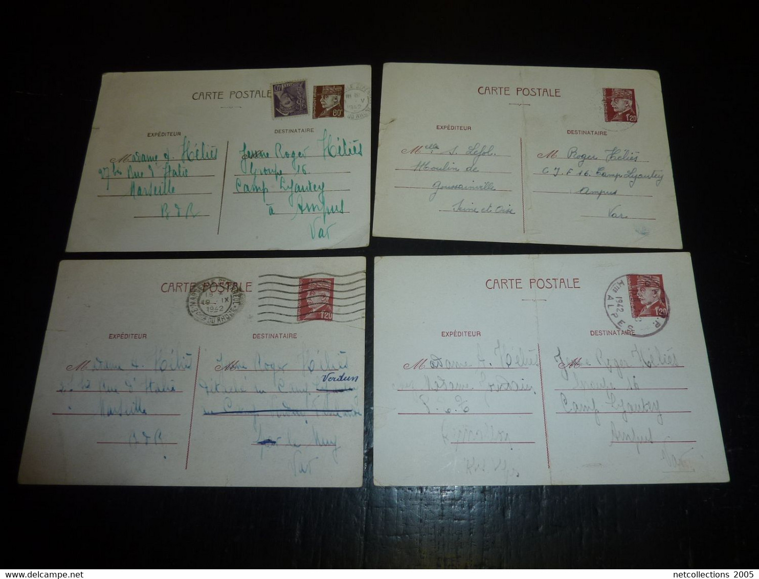 LOT DE 4 ENTIERS POSTAUX "Pétain" CHANTIERS DE JEUNESSE N°16 - A AMPUS (Var) Et Au MUY (Var) 05/1942 **RARE* - (B.V.A.2) - Lots Et Collections : Entiers Et PAP