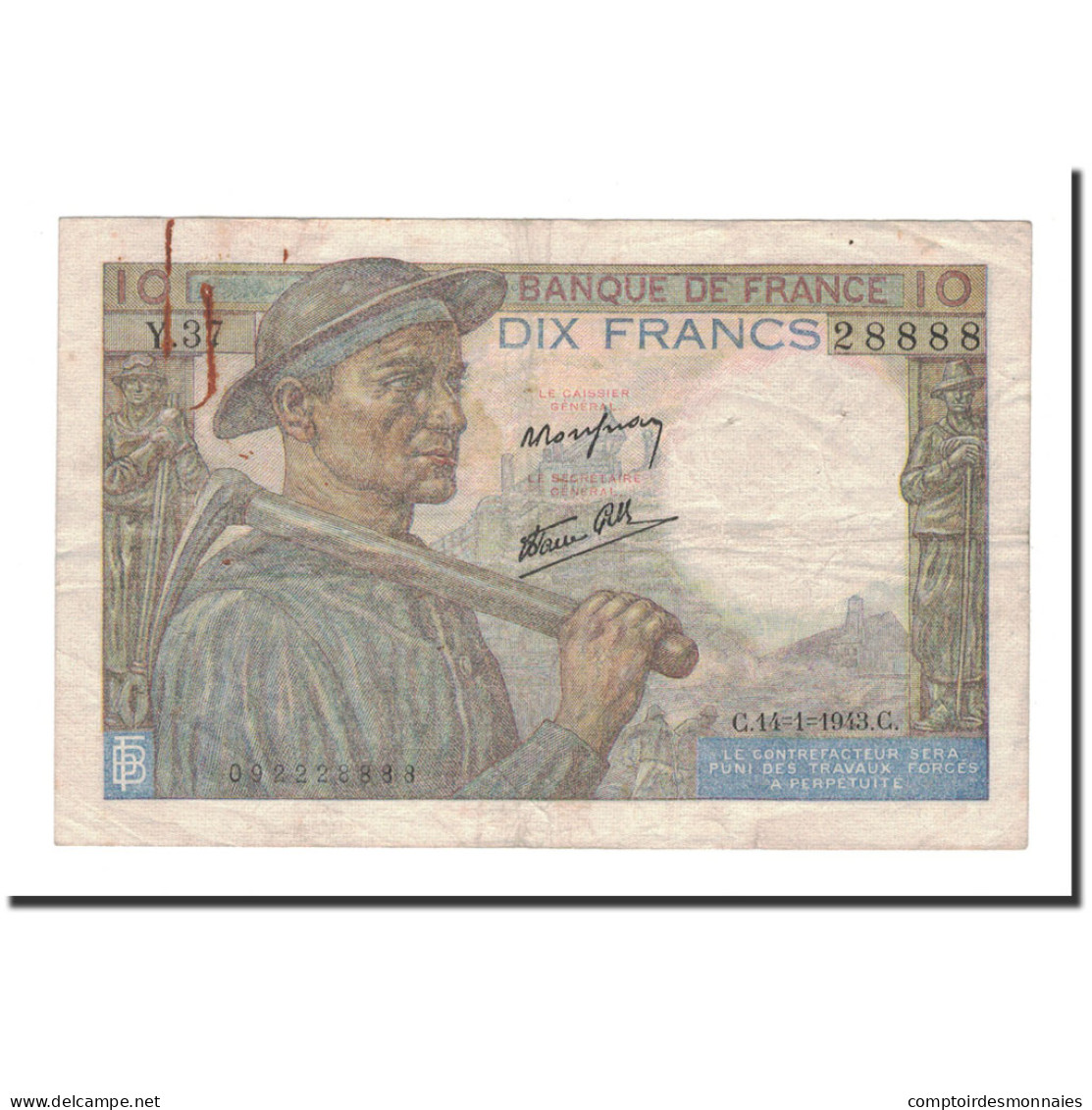 France, 10 Francs, Mineur, 1943, 1943-01-14, TTB, Fayette:8.7, KM:99e - 10 F 1941-1949 ''Mineur''