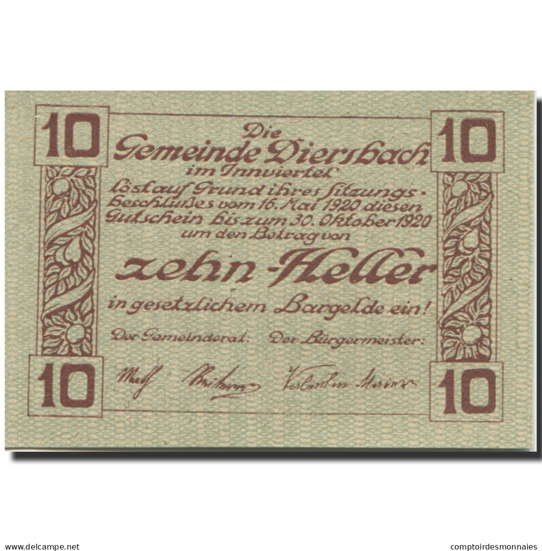 Billet, Autriche, Diersbach, 10 Heller, Village 1920-10-30, SPL, Mehl:FS 122a - Autriche