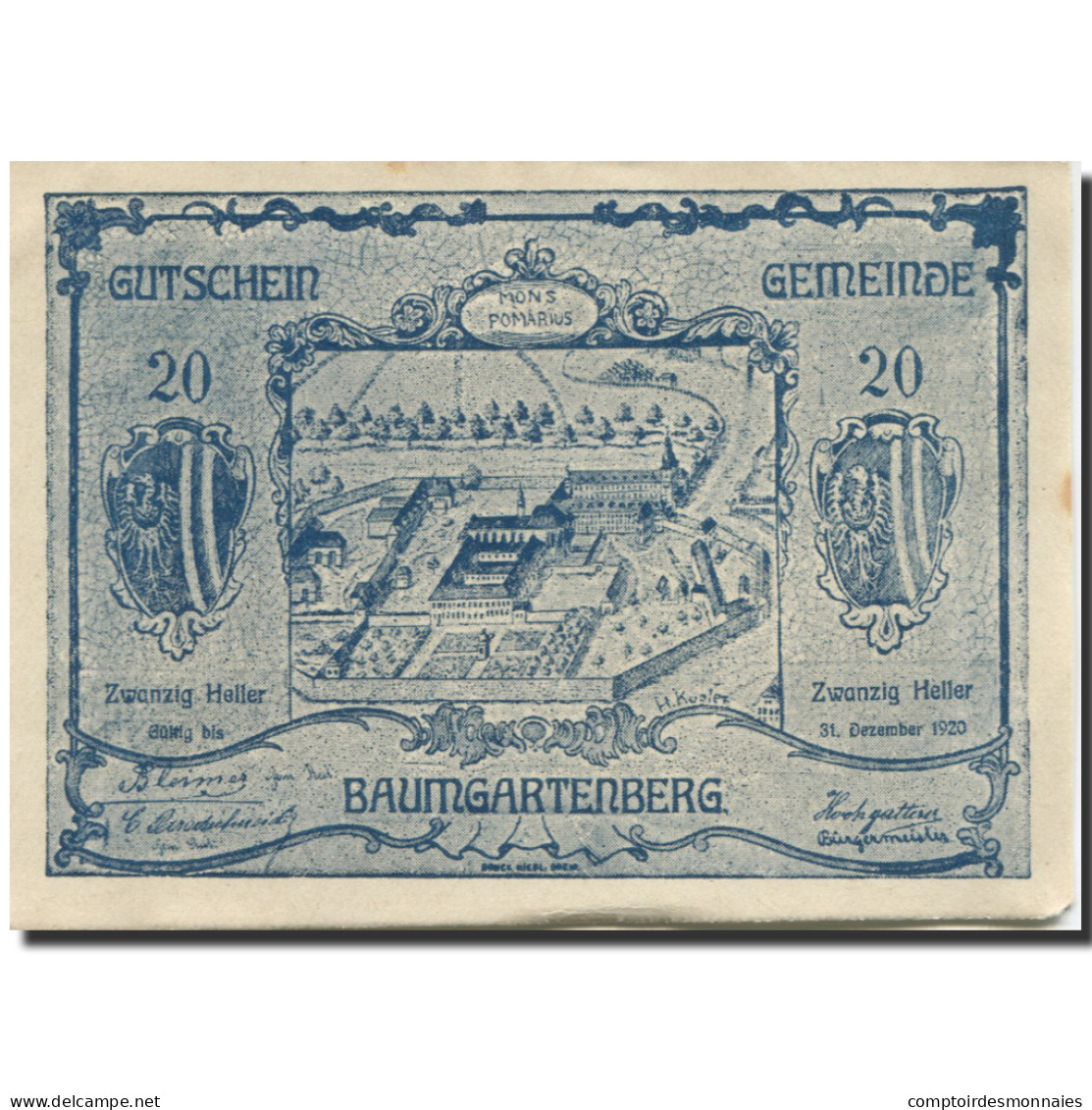 Billet, Autriche, Baumgarten, 20 Heller, Château 1920-12-31, SPL Mehl:FS 79a - Autriche