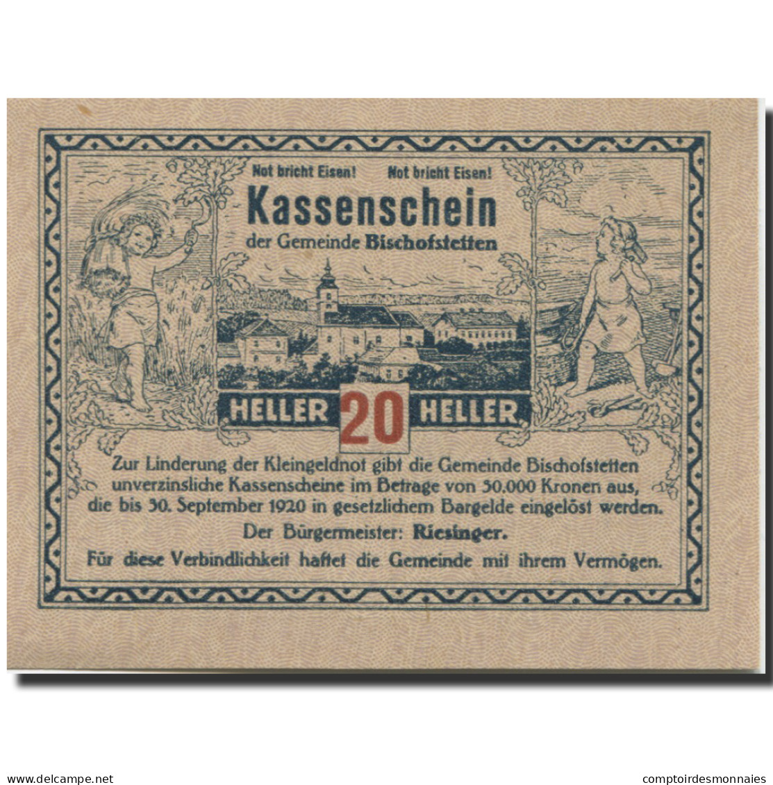 Billet, Autriche, Bischofstetten, 20 Heller, Village, 1920 SPL Mehl:FS 92a - Autriche