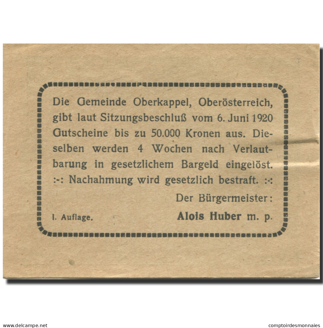 Billet, Autriche, Oberkappel, 50 Heller, Paysage 1920-06-06, SPL, Mehl:FS 684a - Autriche