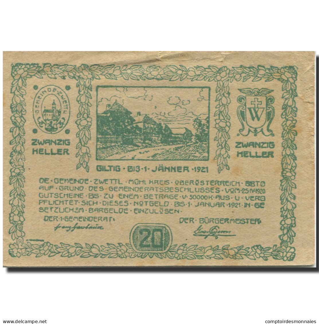 Billet, Autriche, Zwettl, 20 Heller, Rue, 1921, 1921-01-01, SUP, Mehl:FS 1279a - Autriche