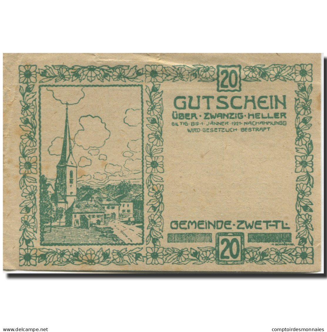 Billet, Autriche, Zwettl, 20 Heller, Rue, 1921, 1921-01-01, SUP, Mehl:FS 1279a - Autriche