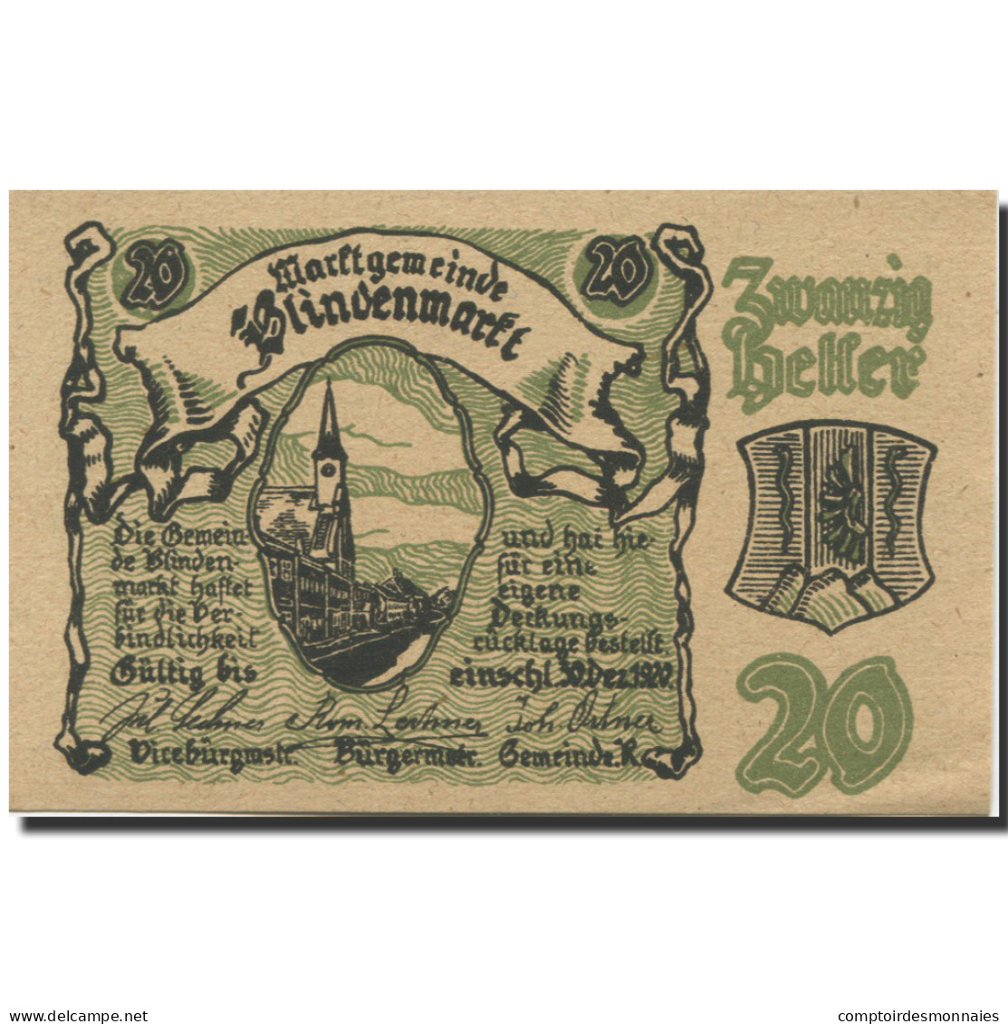 Billet, Autriche, Blindenmarkt, 20 Heller, Rue 1920-12-30, SPL Mehl:FS 93IIa - Autriche