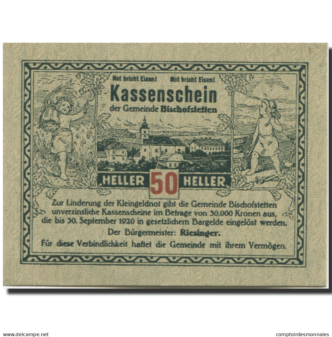 Billet, Autriche, Bischofstetten, 50 Heller, Village 1920-09-30, SPL Mehl:FS 92a - Autriche