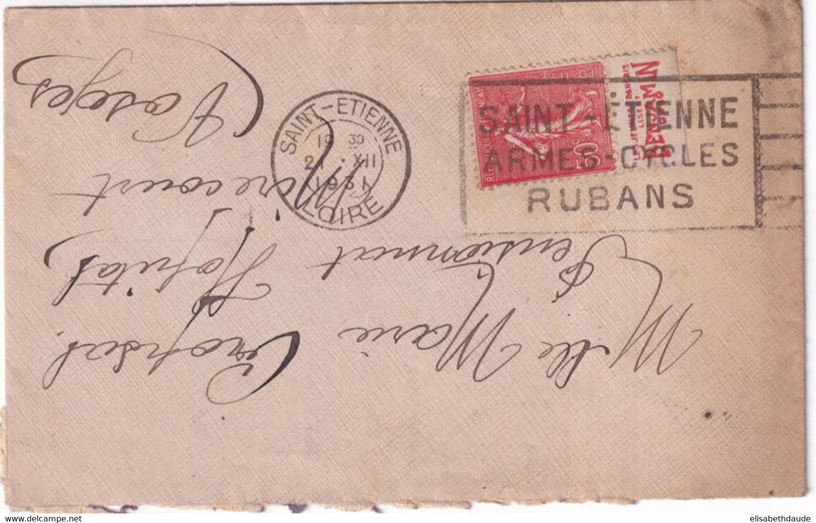 1931 - SEMEUSE LIGNEE 50c BANDE PUB "BENJAMIN" Sur ENVELOPPE De SAINT ETIENNE (LOIRE) - OMEC CYCLES SUP ! - Lettres & Documents