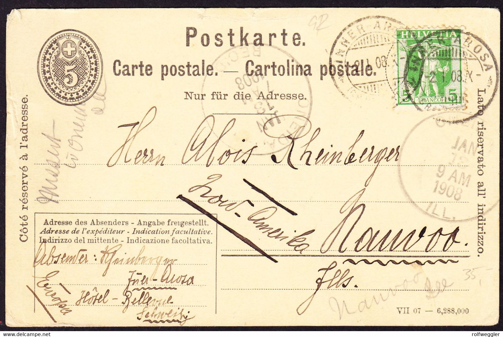 1908  5Rp GZ Karte Mit Zusatzfrankatur Aus Inner-Arosa An Alois Rheinberger, Pionier Weinbau, In Nauvoo, Illioise USA - ...-1912 Prephilately